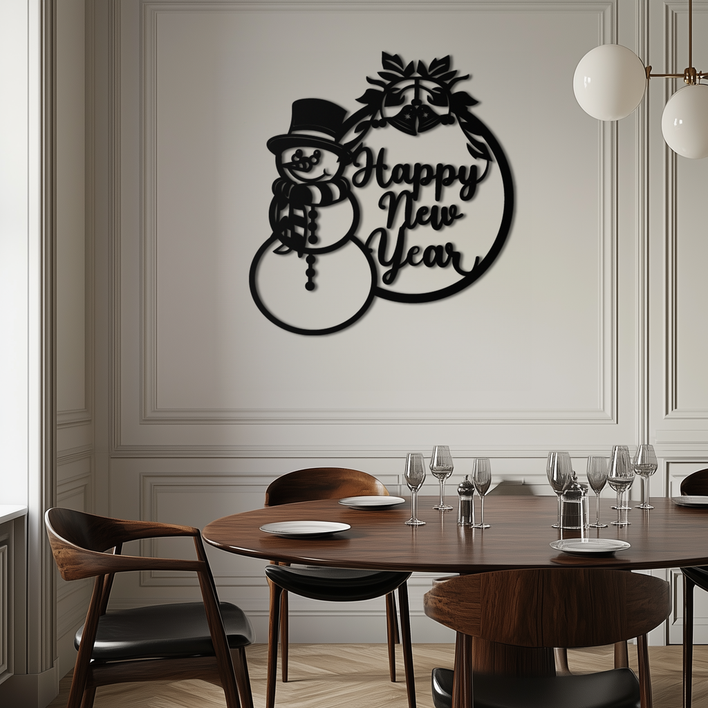 Happy New Year Metal Wall Art - Snowman Holiday Decor for Christmas and Winter- KAF305