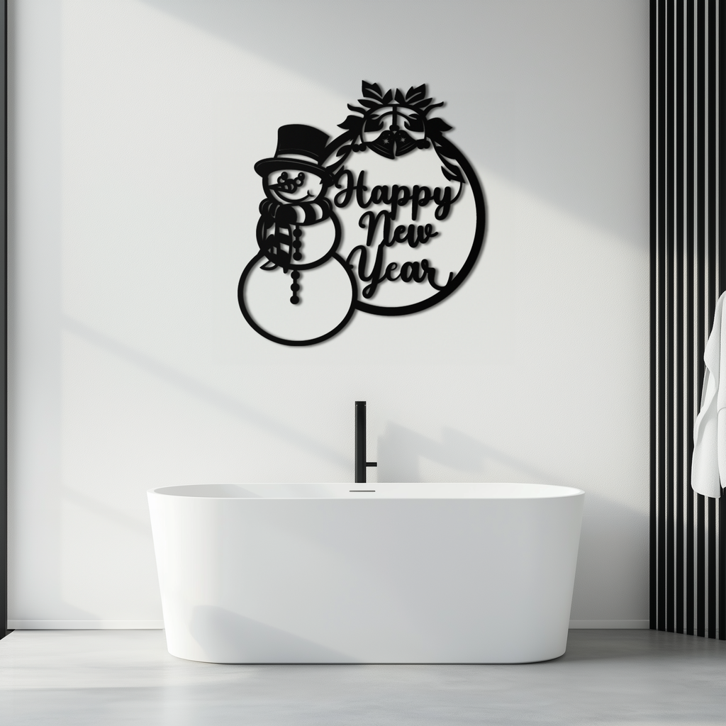 Happy New Year Metal Wall Art - Snowman Holiday Decor for Christmas and Winter- KAF305