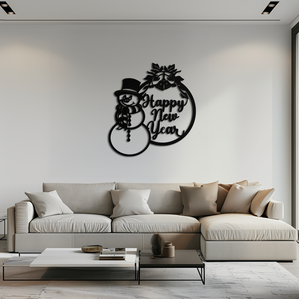Happy New Year Metal Wall Art - Snowman Holiday Decor for Christmas and Winter- KAF305