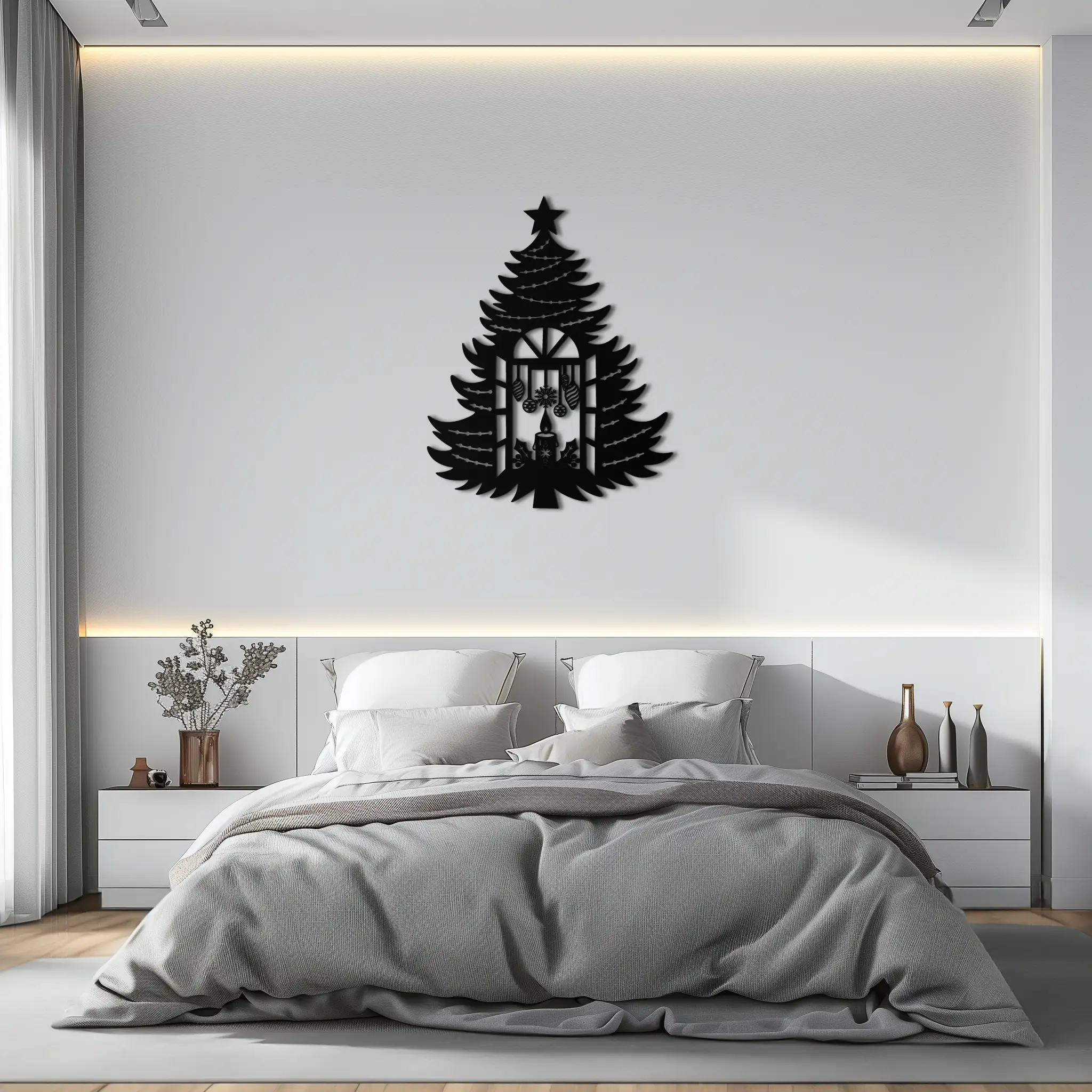 Christmas Tree Candle Window Silhouette - Festive Metal Wall Art- KAF309