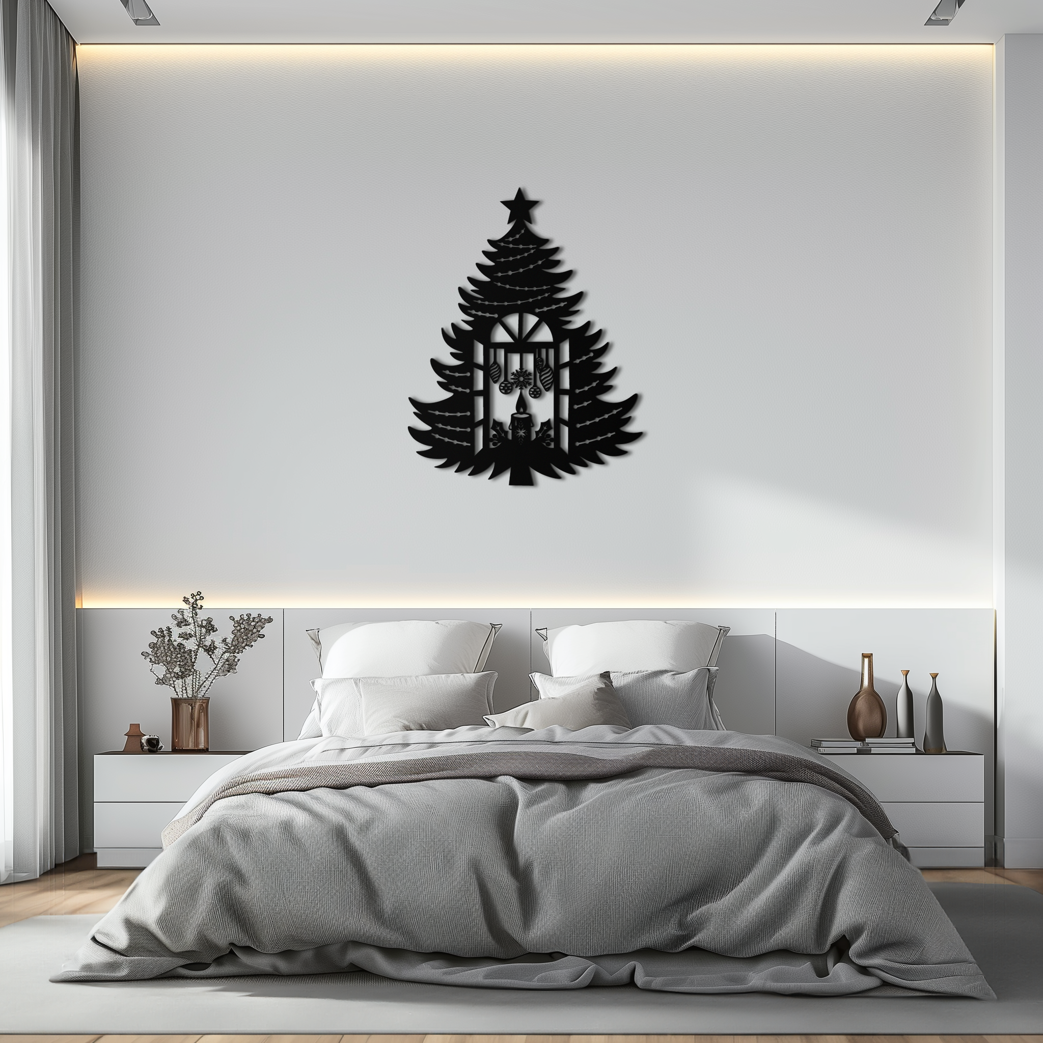 Christmas Tree Candle Window Silhouette - Festive Metal Wall Art- KAF309