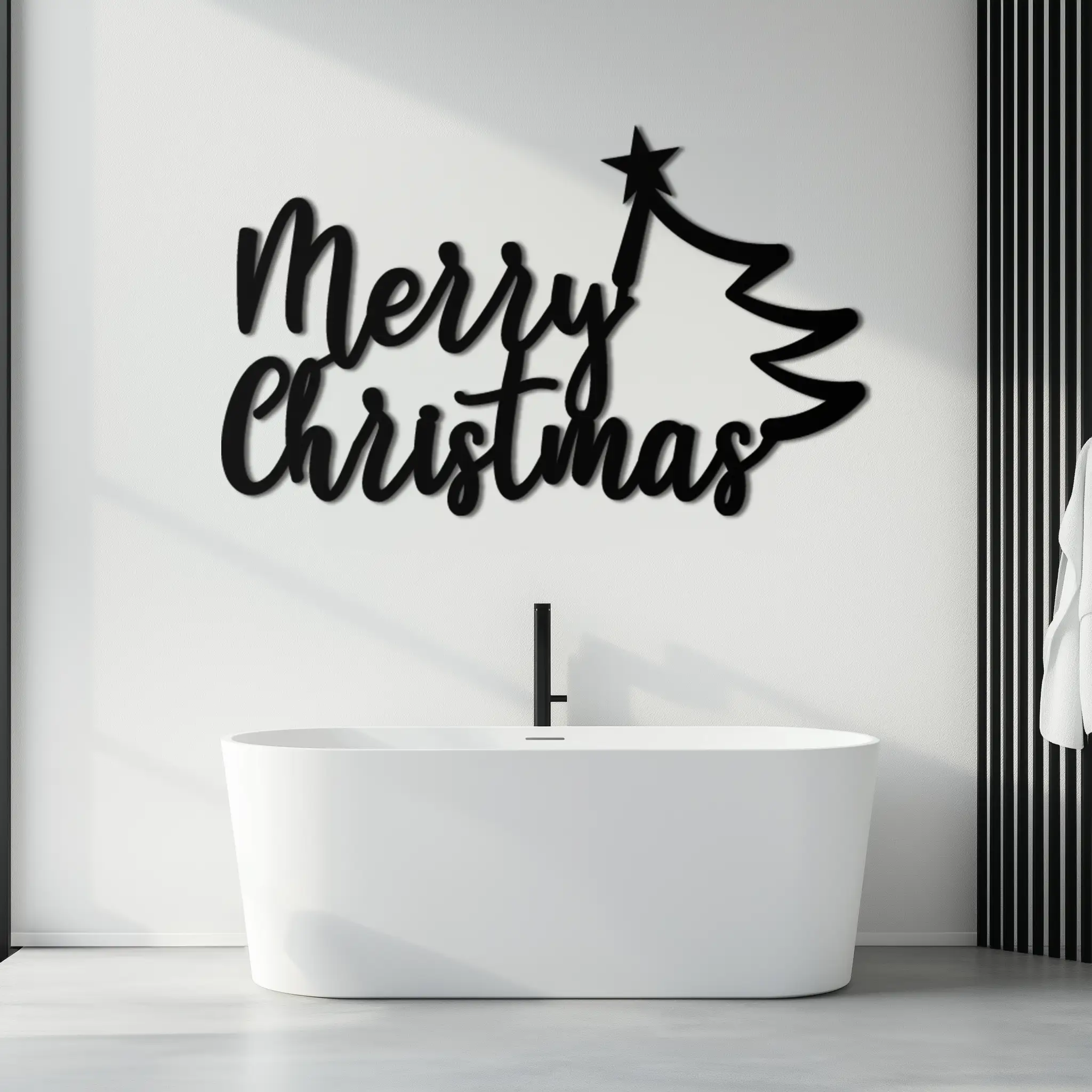 Merry Christmas Tree Metal Wall Art - Holiday Season Script Steel Decor- KAF316