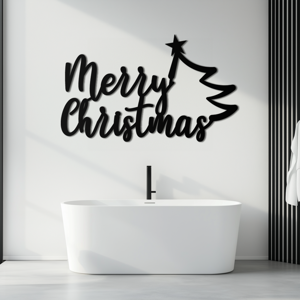 Merry Christmas Tree Metal Wall Art - Holiday Season Script Steel Decor- KAF316