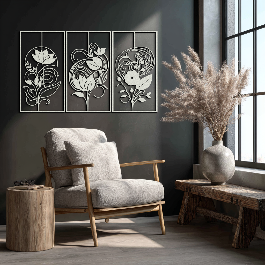Floral Panel Trio Metal Wall Art - Elegant Black Botanical Wall Decor Set- KAF317