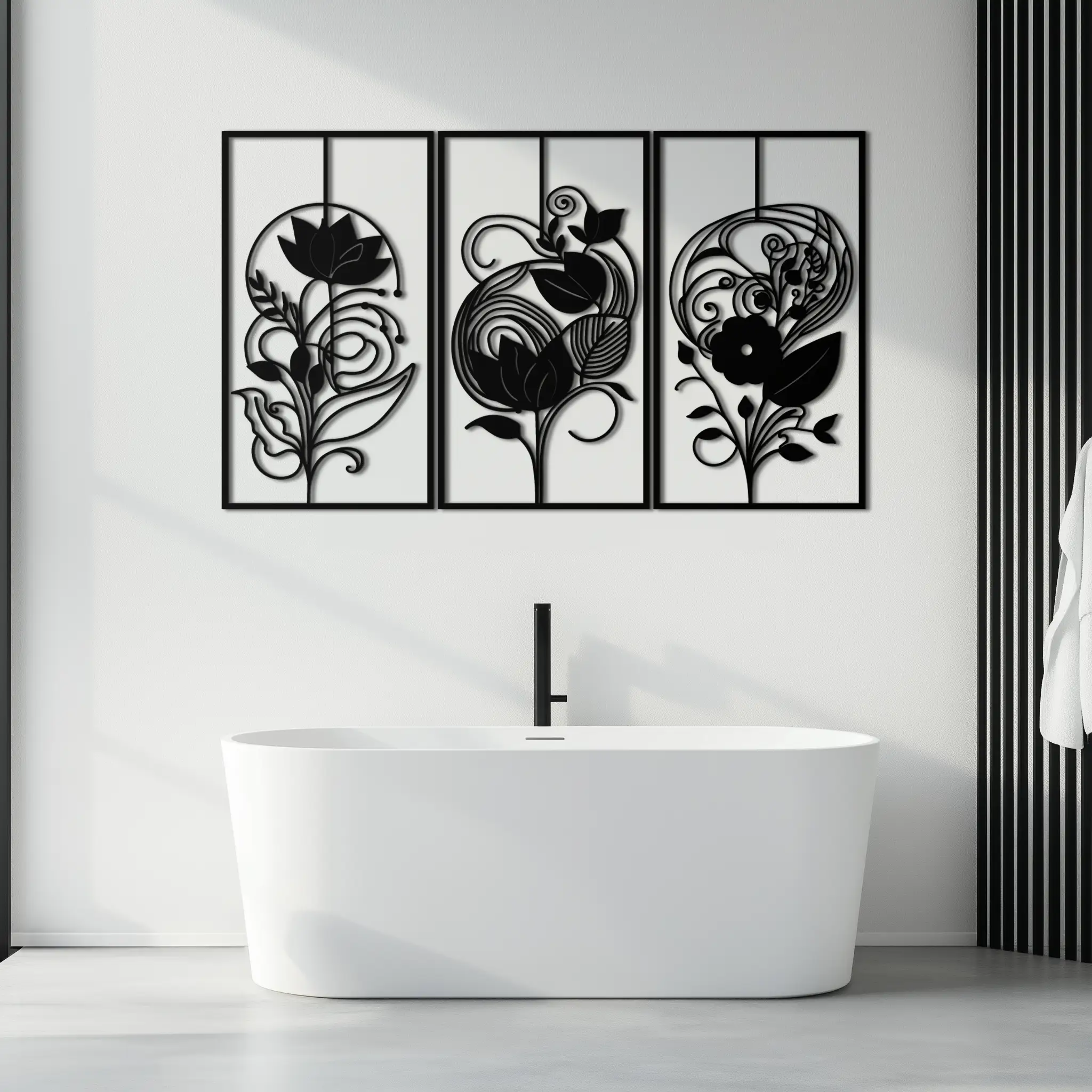 Floral Panel Trio Metal Wall Art - Elegant Black Botanical Wall Decor Set- KAF317