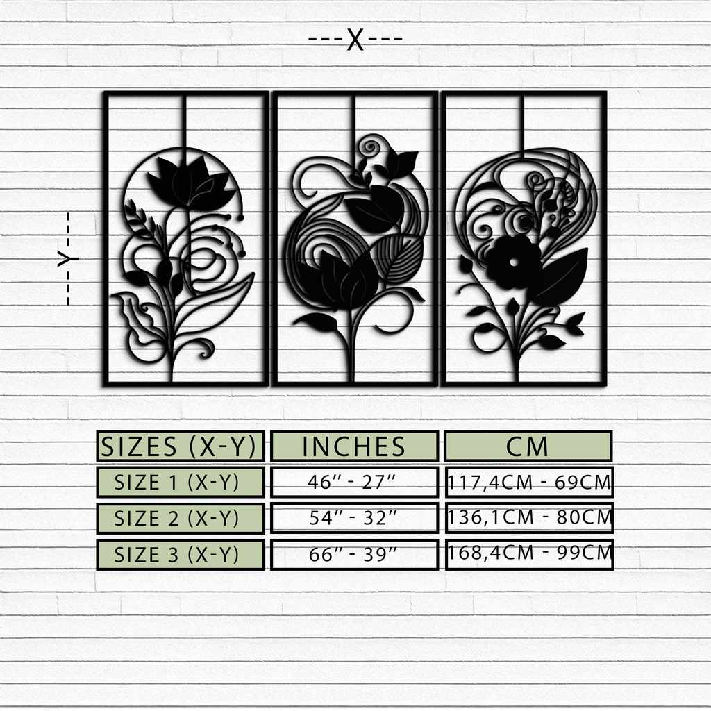 Floral Panel Trio Metal Wall Art - Elegant Black Botanical Wall Decor Set- KAF317