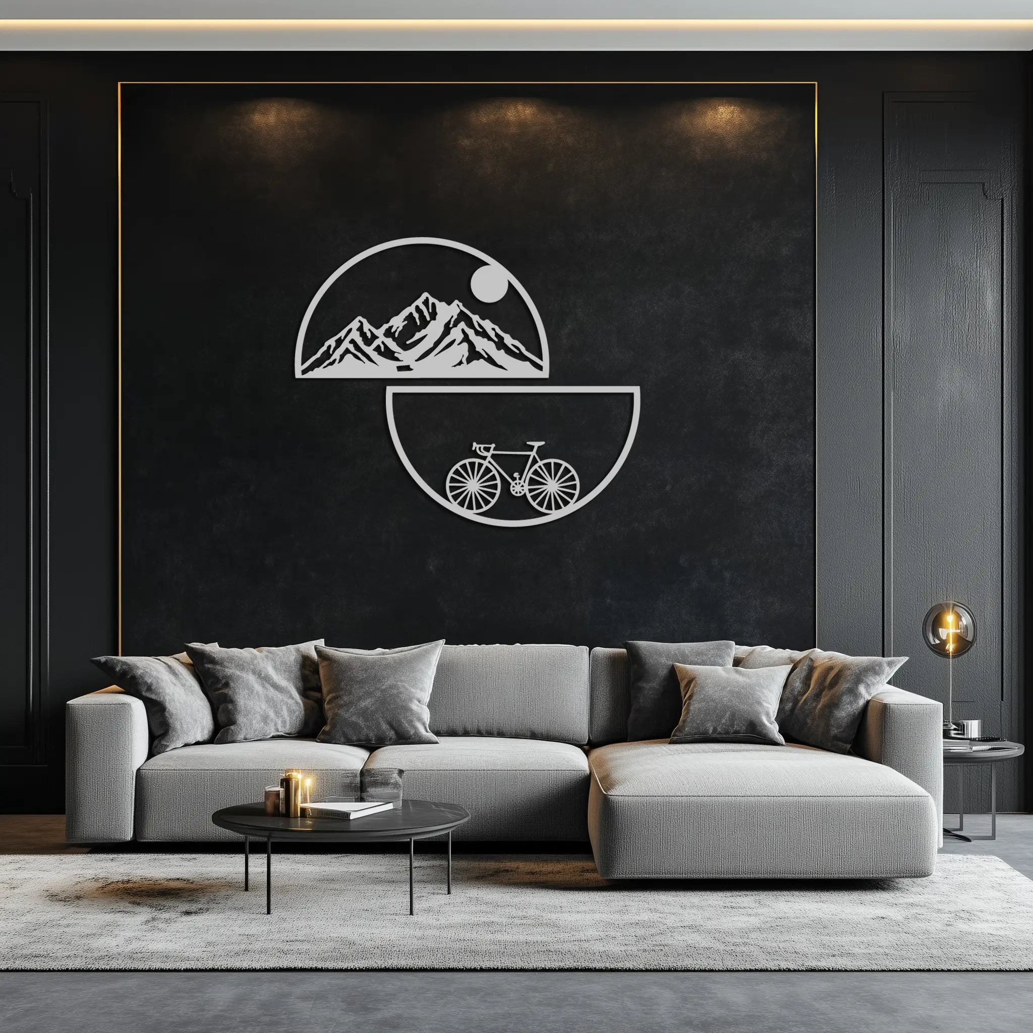 Mountain View Metal Wall Art - Half Circle Bicycle and Landscape Silhouette Decor- KAF321