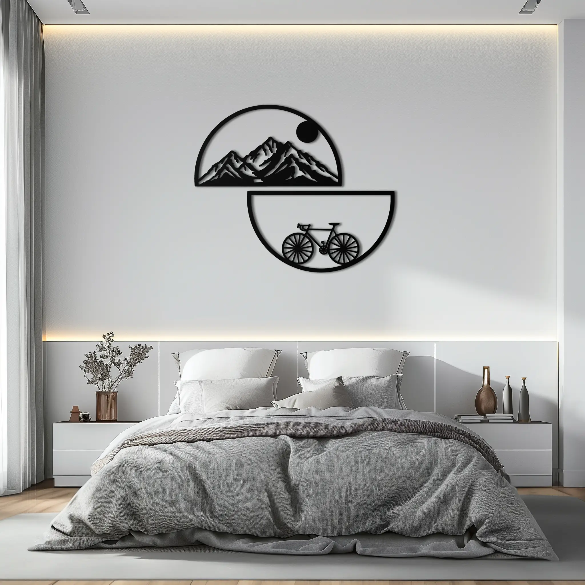 Mountain View Metal Wall Art - Half Circle Bicycle and Landscape Silhouette Decor- KAF321