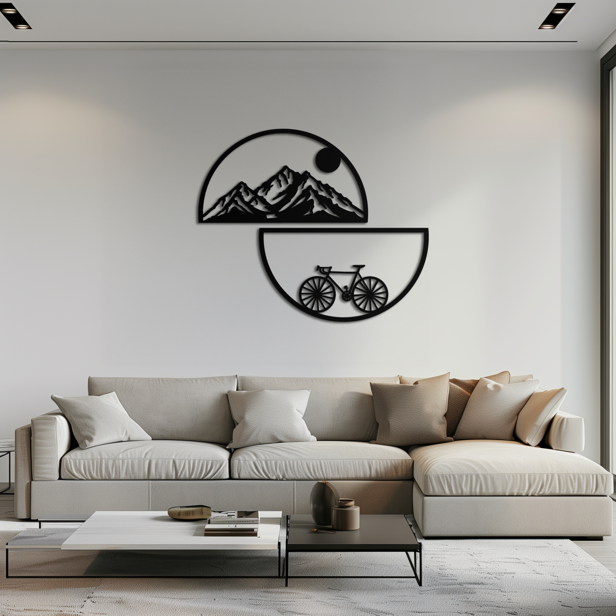 Mountain View Metal Wall Art - Half Circle Bicycle and Landscape Silhouette Decor- KAF321
