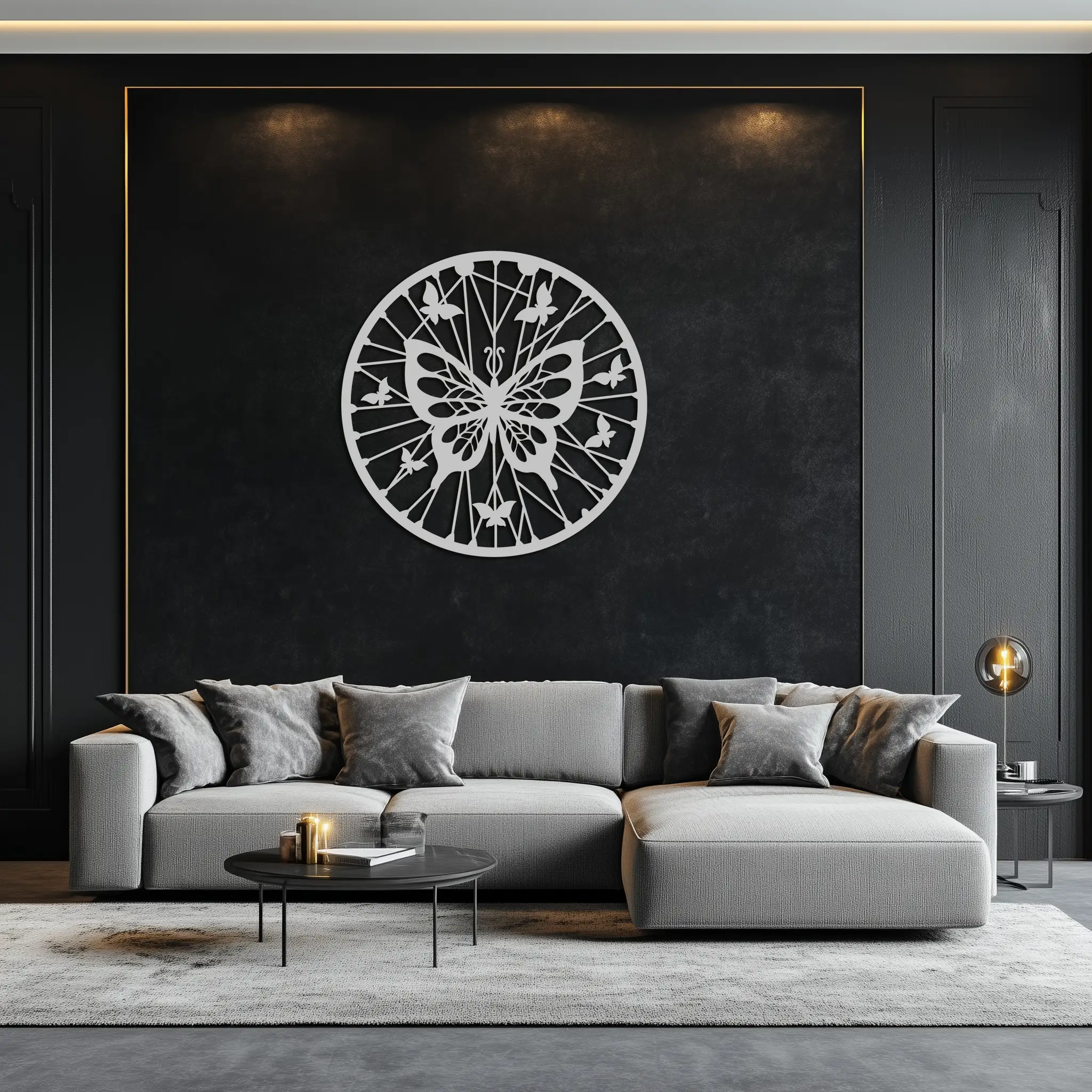 Butterfly Mandala Round Metal Wall Art - Elegant Circle Butterfly Silhouette for Home Decor- KAF322