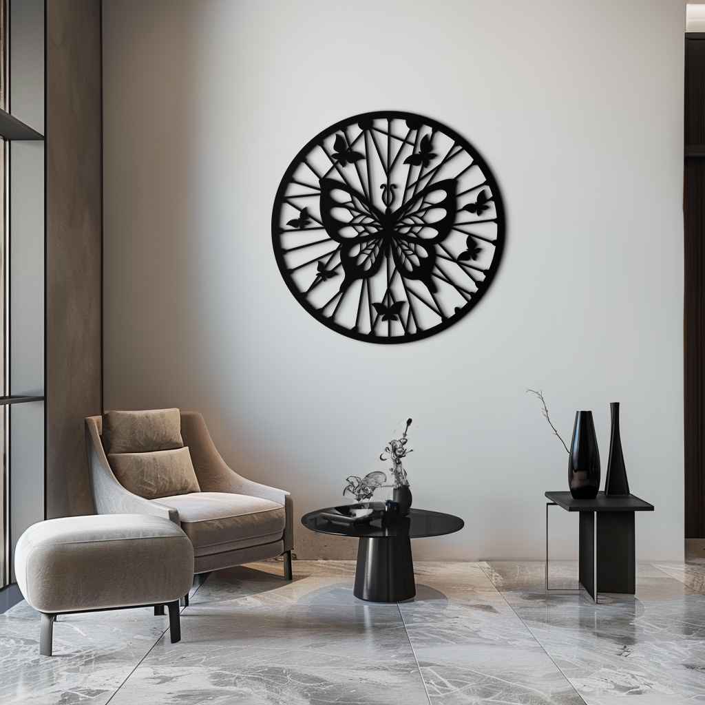 Butterfly Mandala Round Metal Wall Art - Elegant Circle Butterfly Silhouette for Home Decor- KAF322
