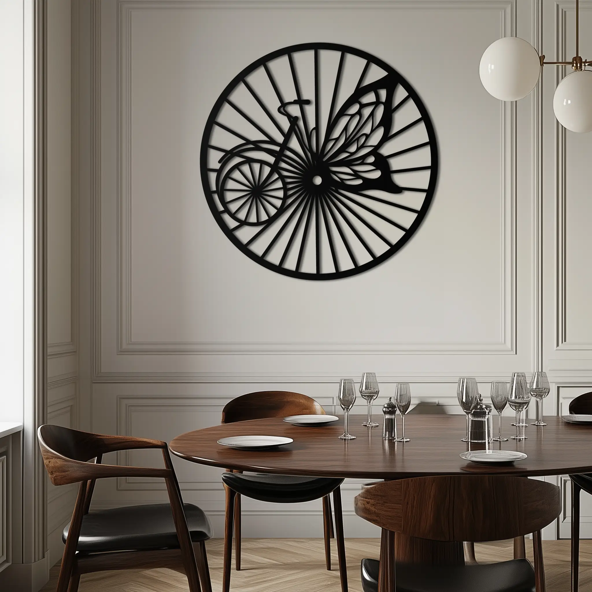 Butterfly Wheel Bicycle Silhouette Metal Wall Art - Elegant Round Nature-Inspired Decor- KAF323