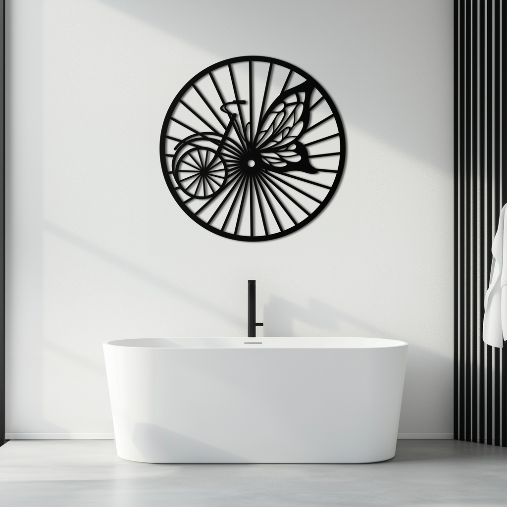 Butterfly Wheel Bicycle Silhouette Metal Wall Art - Elegant Round Nature-Inspired Decor- KAF323