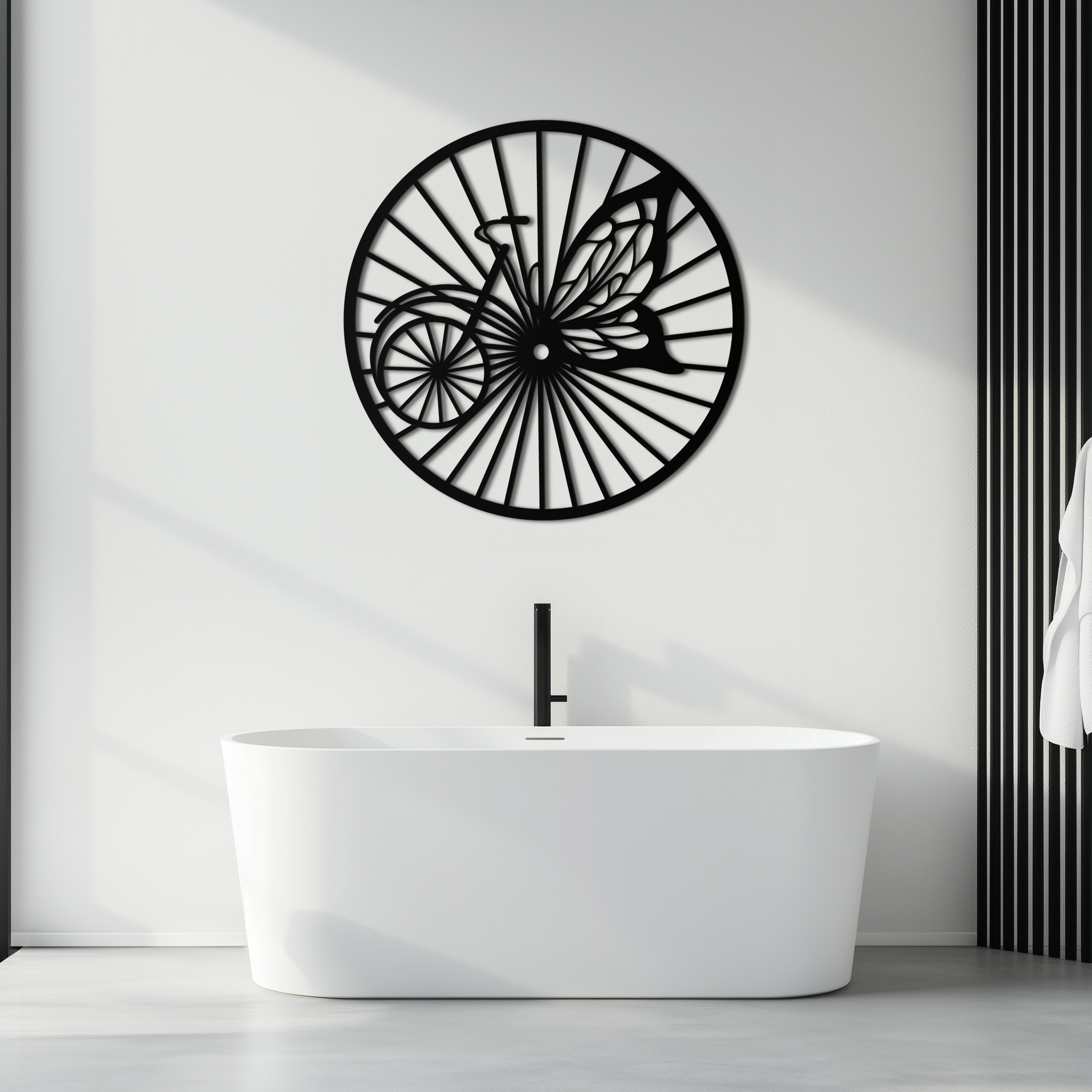 Butterfly Wheel Bicycle Silhouette Metal Wall Art - Elegant Round Nature-Inspired Decor- KAF323