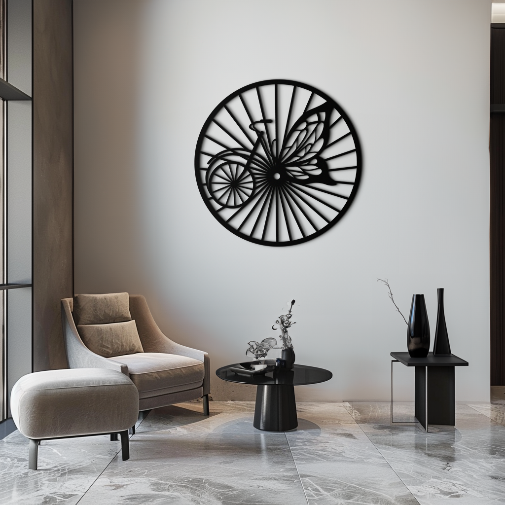 Butterfly Wheel Bicycle Silhouette Metal Wall Art - Elegant Round Nature-Inspired Decor- KAF323