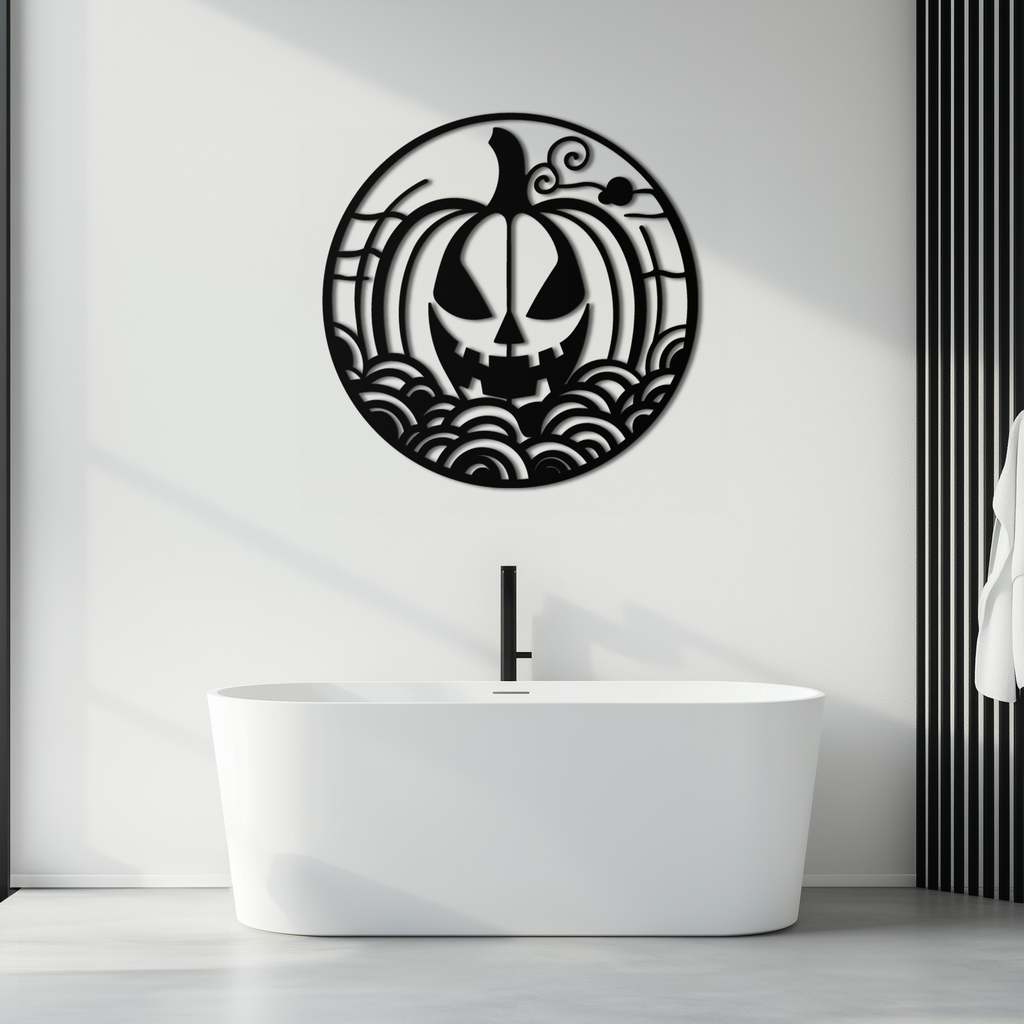 Pumpkin Halloween Silhouette Metal Wall Art – Spooky Round Black Decor- KAF327