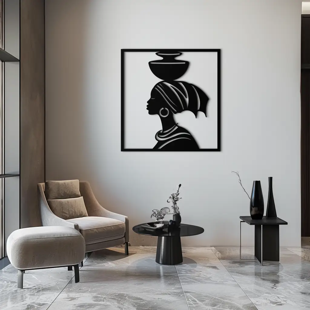 African Woman Metal Wall Art – Elegant Tribal Silhouette Steel Decor for Cultural and Boho Interiors- KAF338
