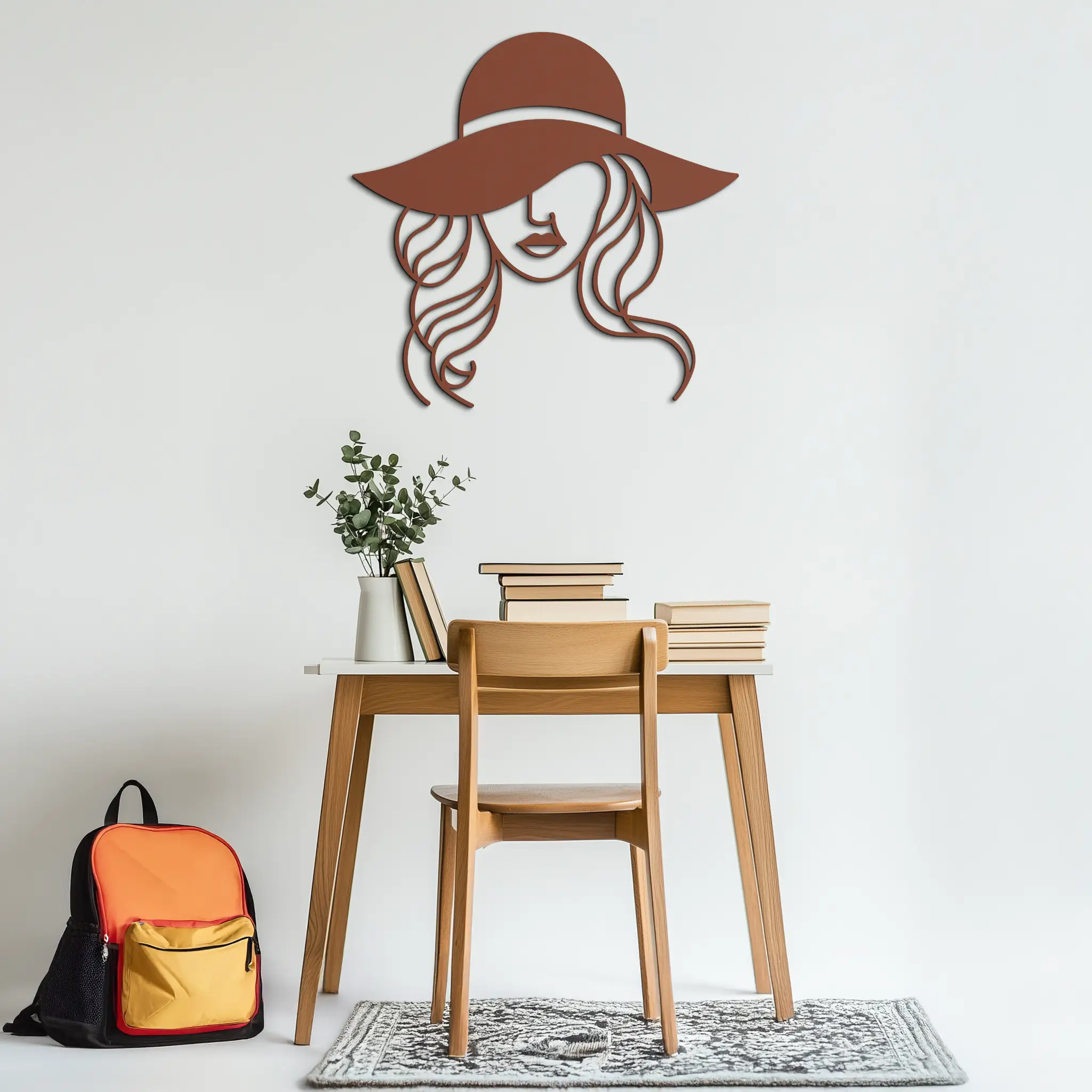 Hat Woman Metal Wall Art – Elegant Female Silhouette Steel Decor with Wide Brim Hat- KAF341