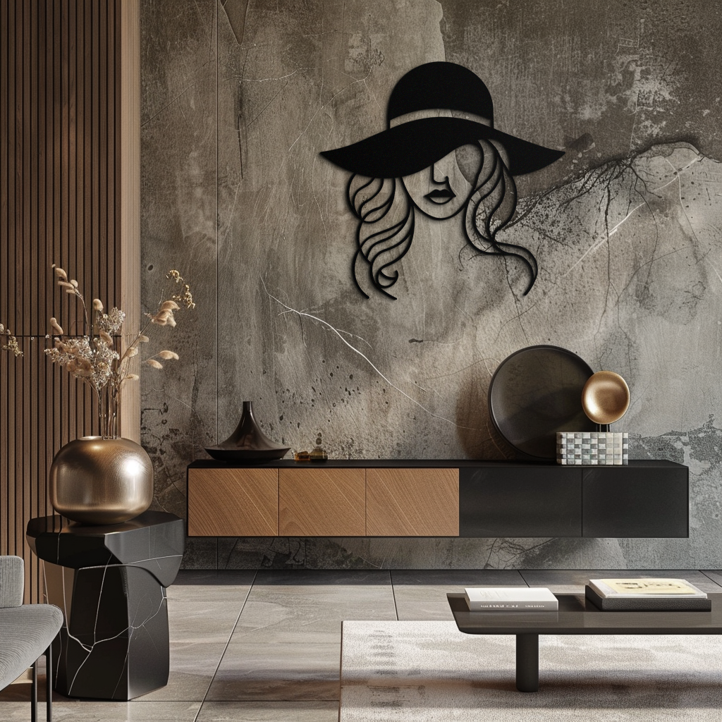 Hat Woman Metal Wall Art – Elegant Female Silhouette Steel Decor with Wide Brim Hat- KAF341