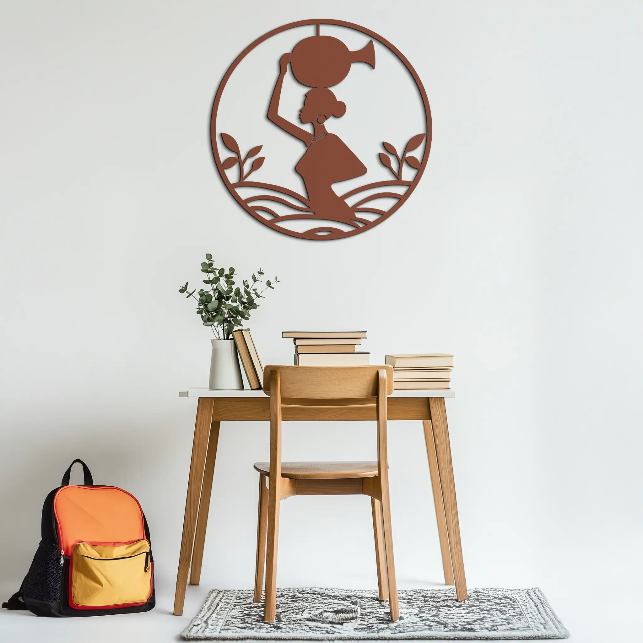 African Woman Carrying Vase Metal Wall Art – Tribal Silhouette Steel Decor for Cultural and Ethnic Interiors- KAF342