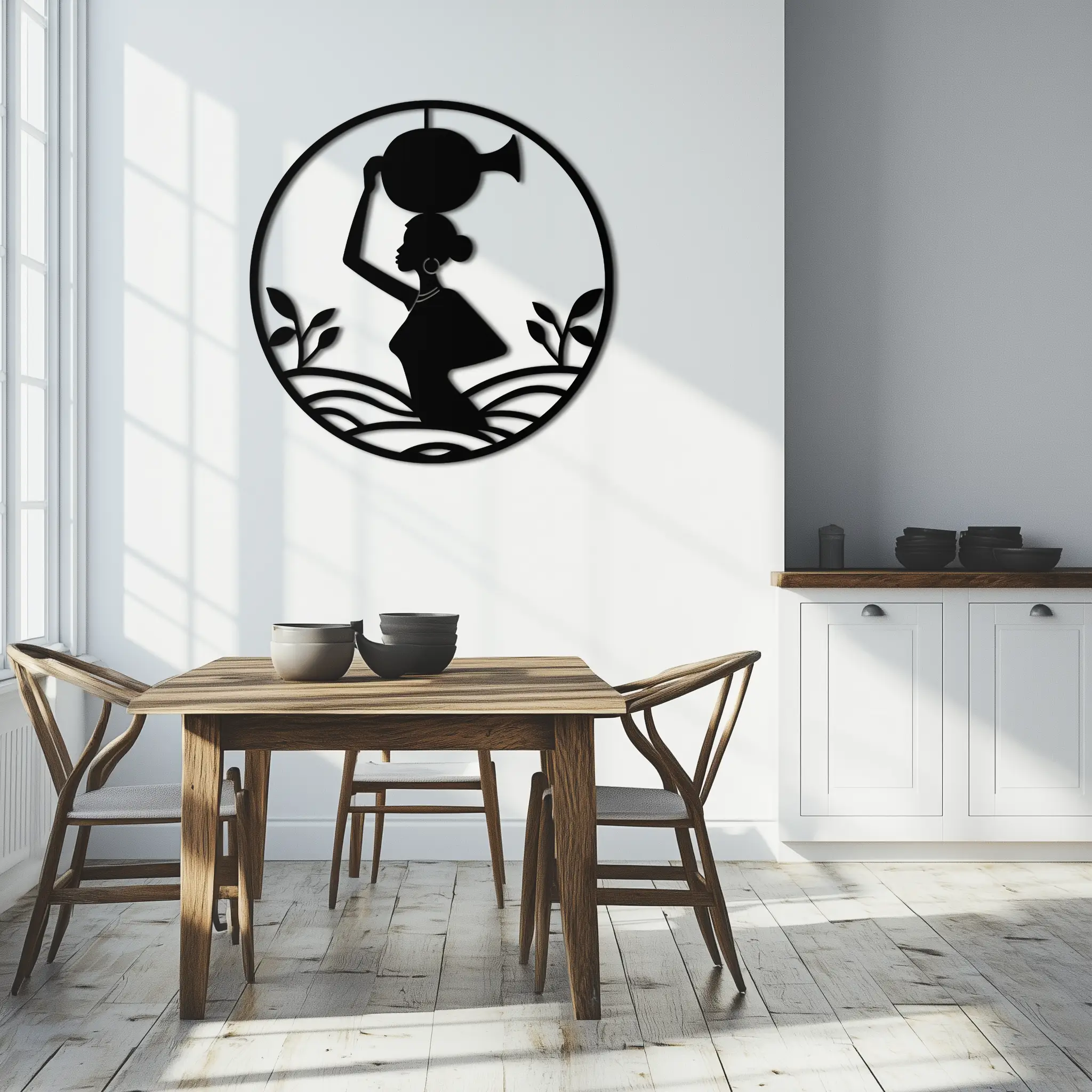 African Woman Carrying Vase Metal Wall Art – Tribal Silhouette Steel Decor for Cultural and Ethnic Interiors- KAF342