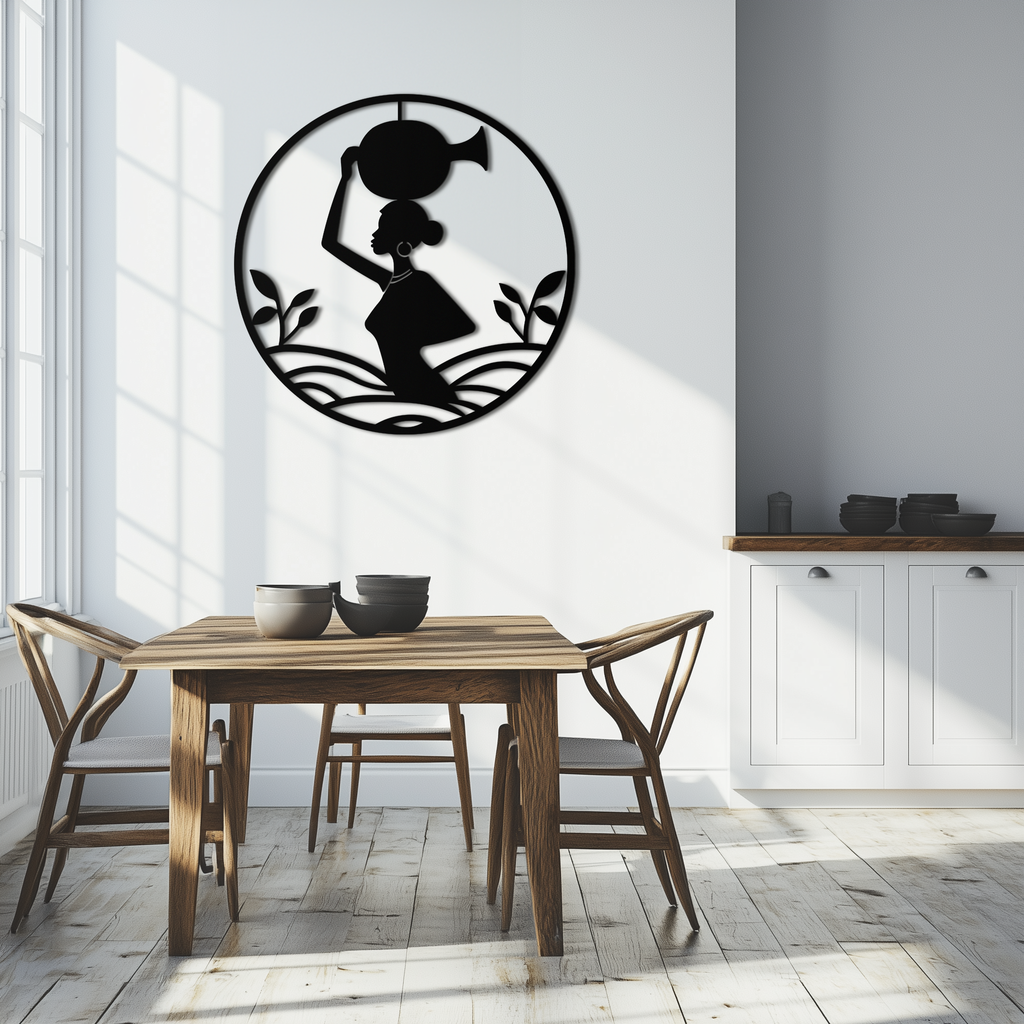 African Woman Carrying Vase Metal Wall Art – Tribal Silhouette Steel Decor for Cultural and Ethnic Interiors- KAF342