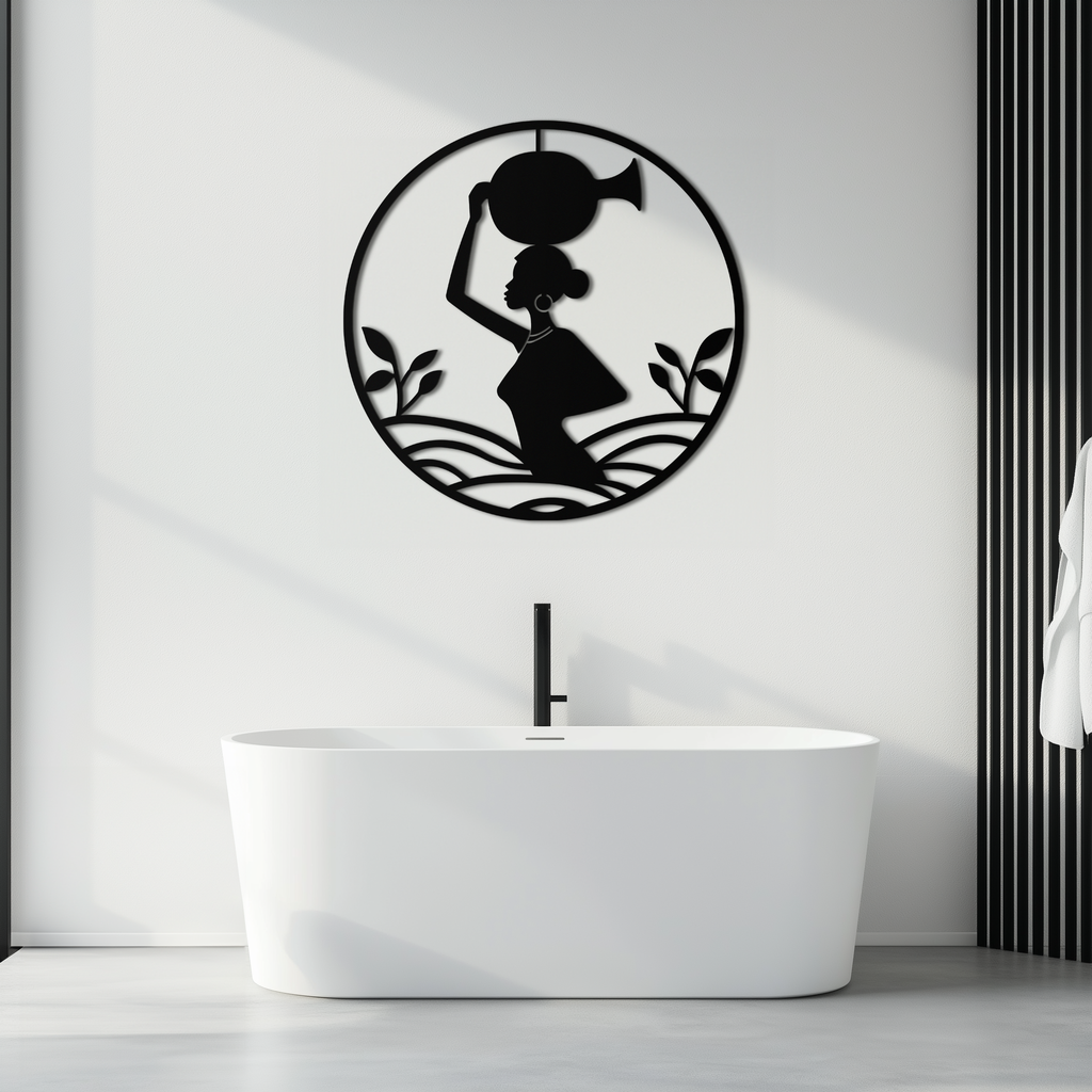 African Woman Carrying Vase Metal Wall Art – Tribal Silhouette Steel Decor for Cultural and Ethnic Interiors- KAF342