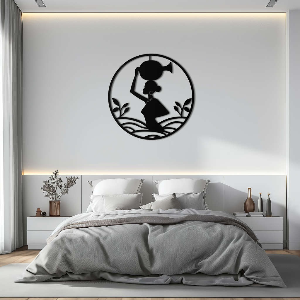 African Woman Carrying Vase Metal Wall Art – Tribal Silhouette Steel Decor for Cultural and Ethnic Interiors- KAF342