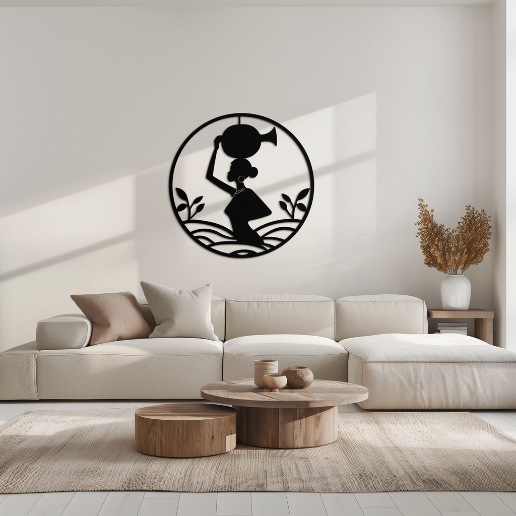 African Woman Carrying Vase Metal Wall Art – Tribal Silhouette Steel Decor for Cultural and Ethnic Interiors- KAF342