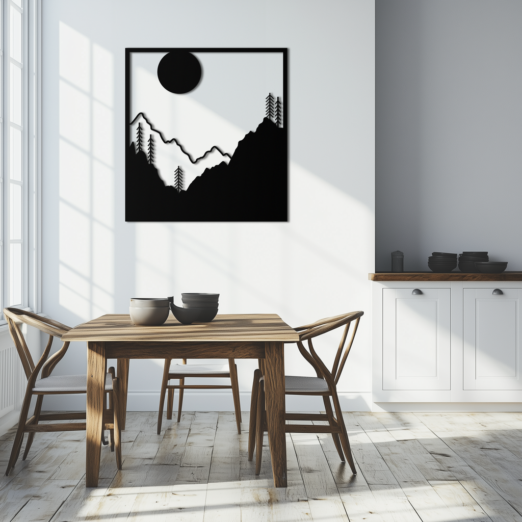 Moonlit Mountain Landscape Metal Wall Art – Modern Square Forest Scene Silhouette for Rustic Nature Decor- KAF346