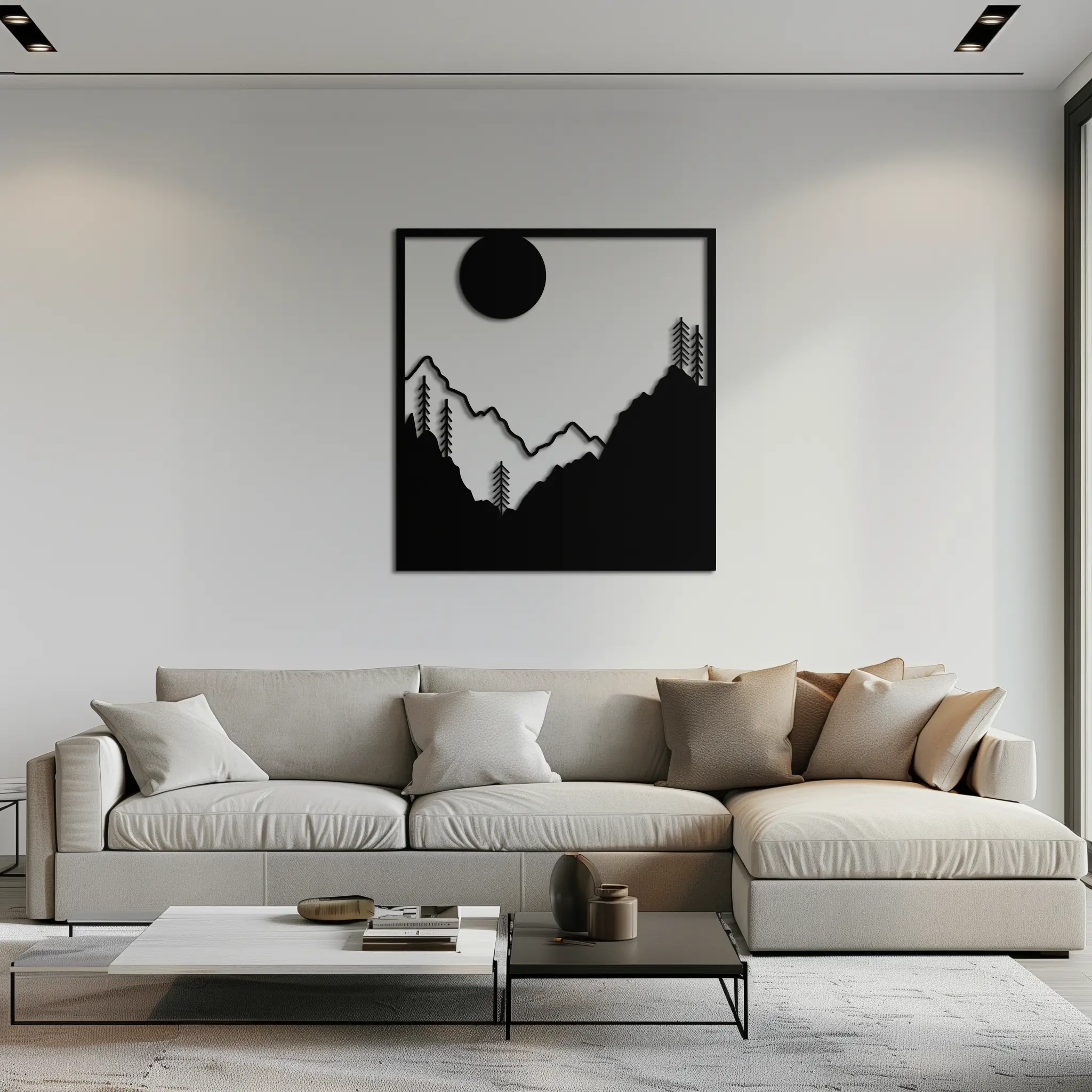 Moonlit Mountain Landscape Metal Wall Art – Modern Square Forest Scene Silhouette for Rustic Nature Decor- KAF346