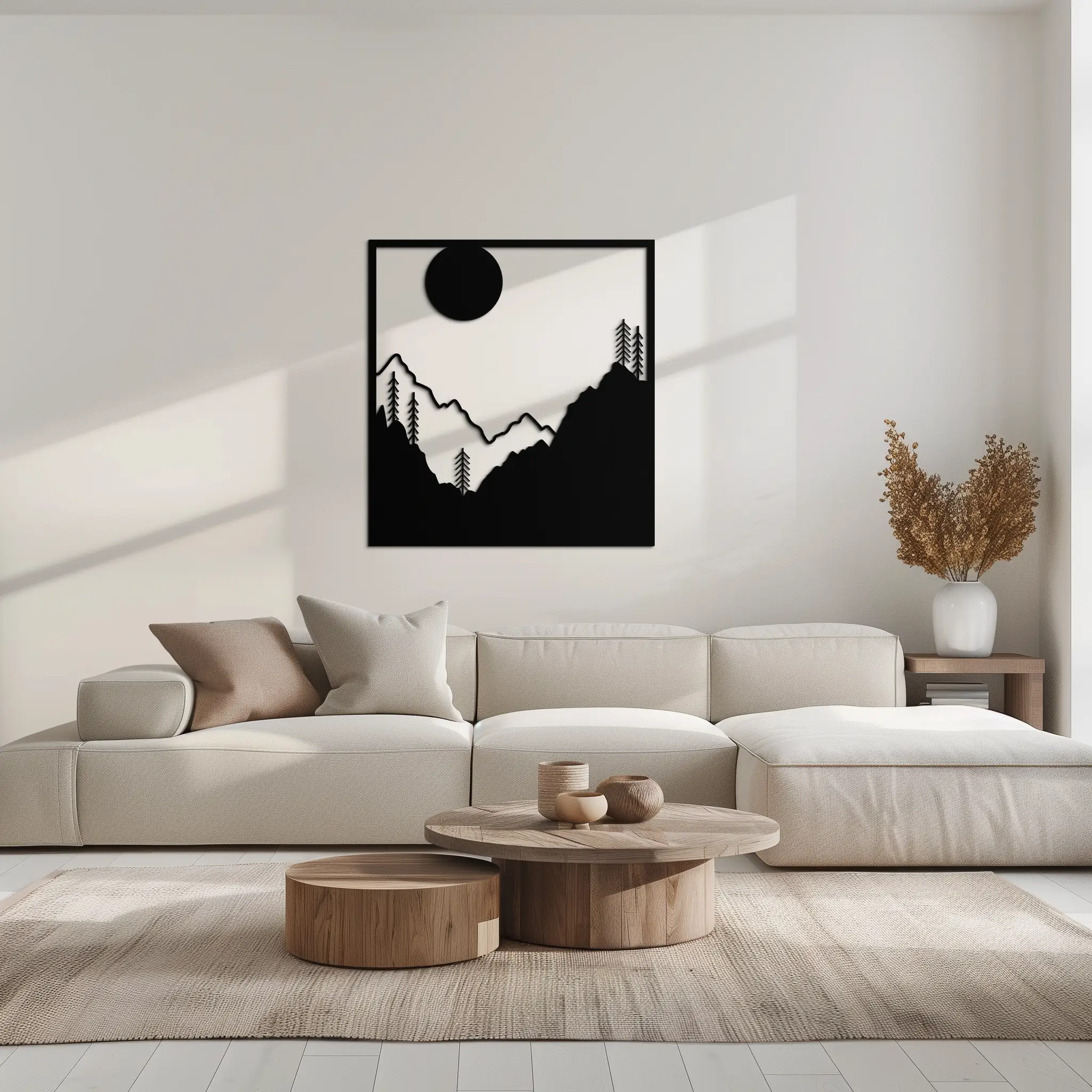 Moonlit Mountain Landscape Metal Wall Art – Modern Square Forest Scene Silhouette for Rustic Nature Decor- KAF346