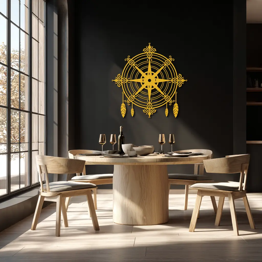 Ornate Compass Rose Metal Wall Art – Decorative Matte Black Steel with Feathers for Nautical and Boho Decor- KAF347
