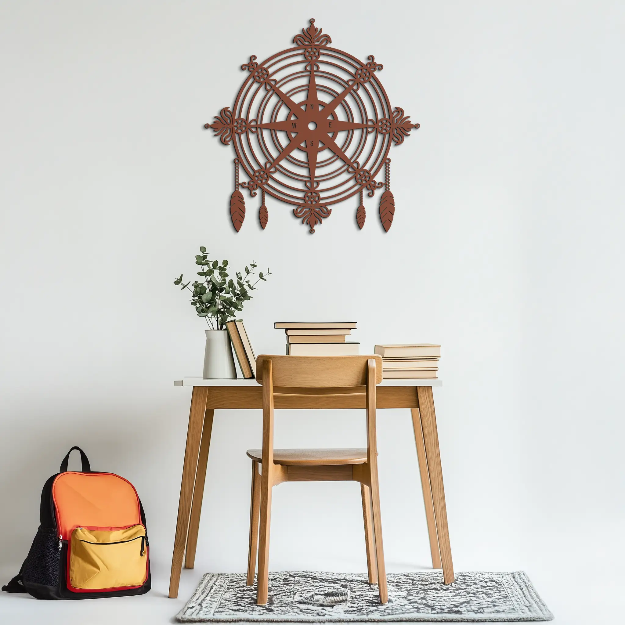Ornate Compass Rose Metal Wall Art – Decorative Matte Black Steel with Feathers for Nautical and Boho Decor- KAF347