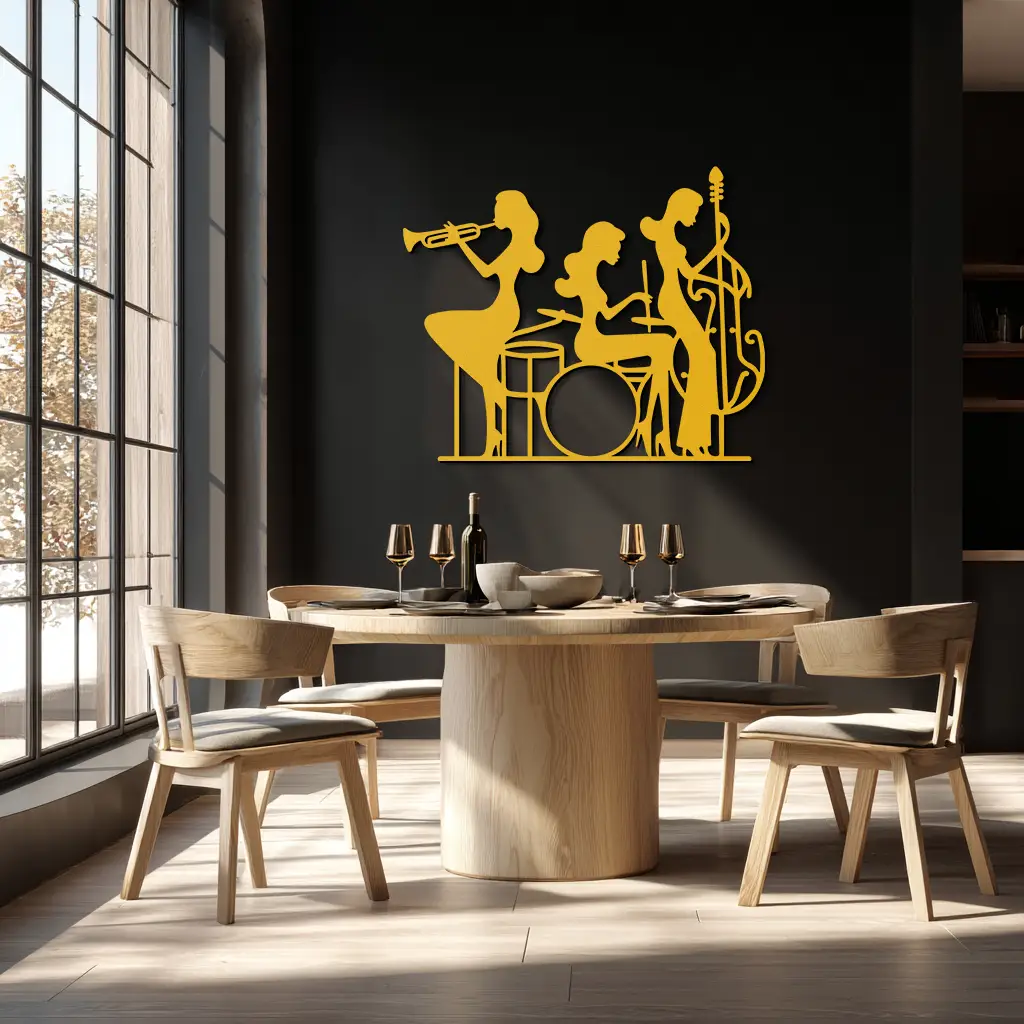 Jazz Trio Women Metal Wall Art – Musical Female Silhouette Band Playing Instruments in Black Steel- KAF349