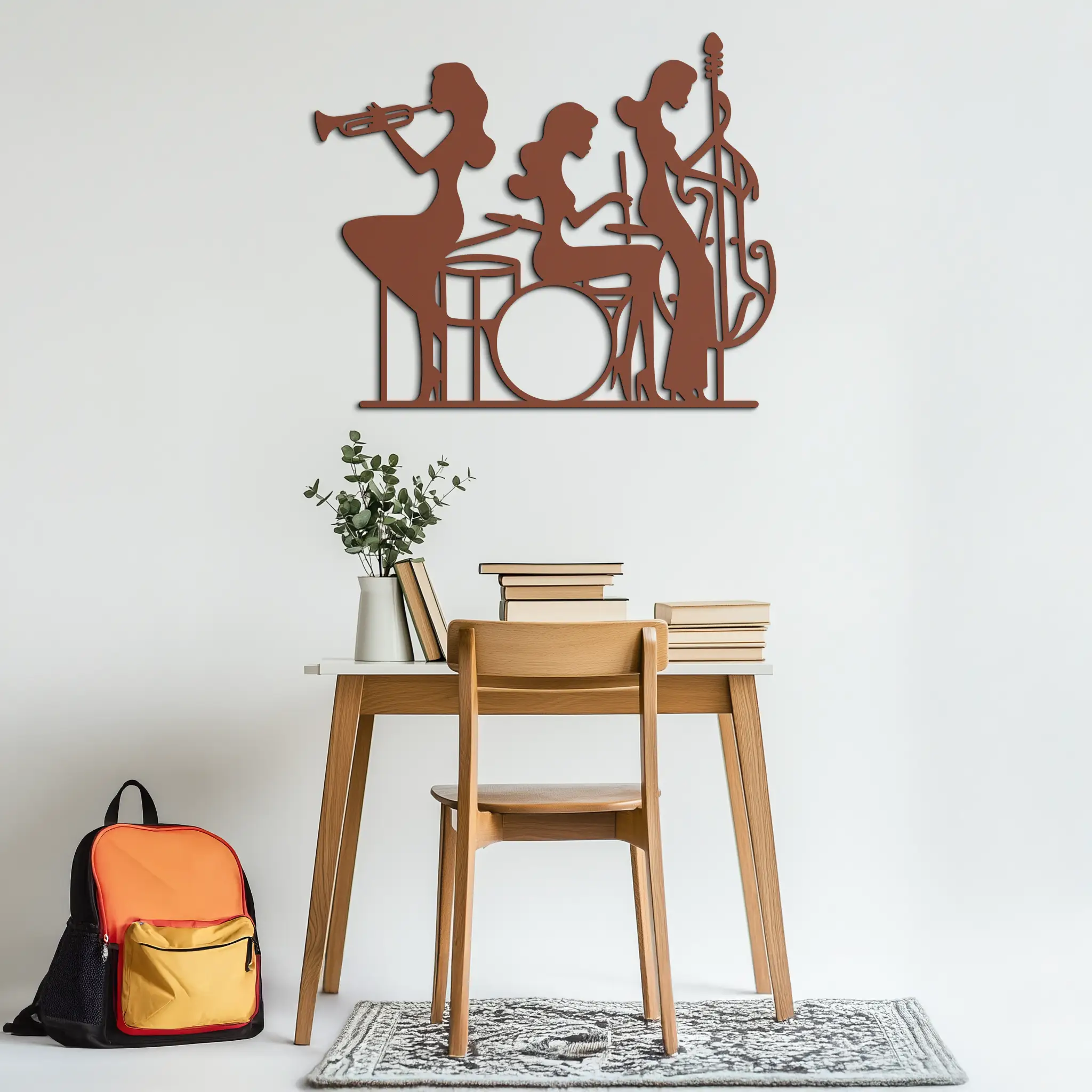 Jazz Trio Women Metal Wall Art – Musical Female Silhouette Band Playing Instruments in Black Steel- KAF349