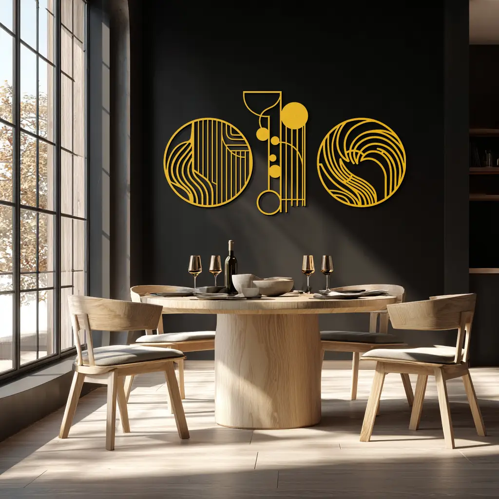 Abstract Geometric Trio Metal Wall Art – Modern Circle and Line Patterned Minimalist Steel Decor Set- KAF351