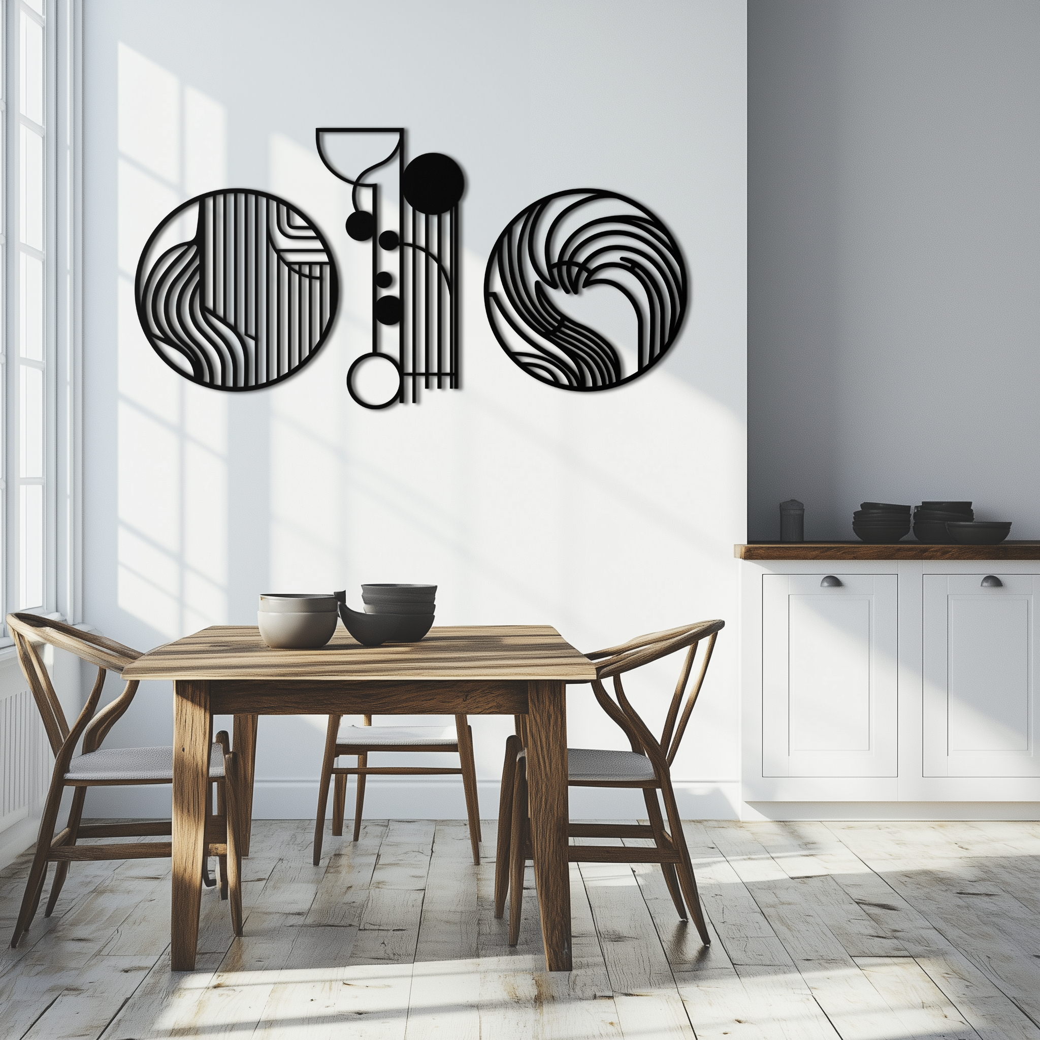 Abstract Geometric Trio Metal Wall Art – Modern Circle and Line Patterned Minimalist Steel Decor Set- KAF351