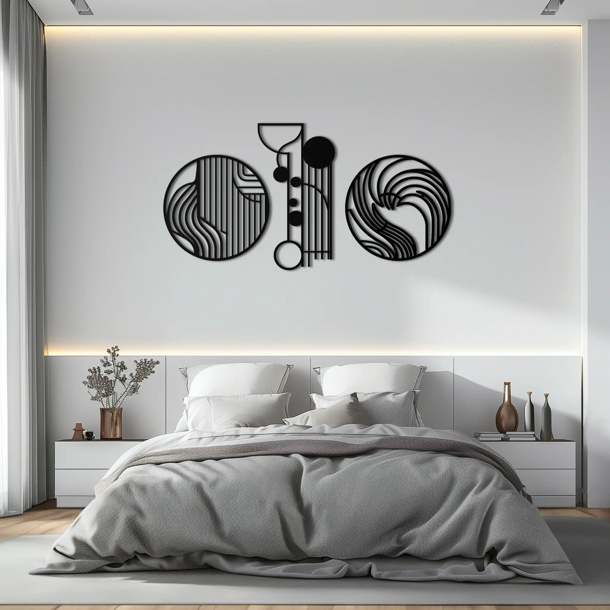 Abstract Geometric Trio Metal Wall Art – Modern Circle and Line Patterned Minimalist Steel Decor Set- KAF351