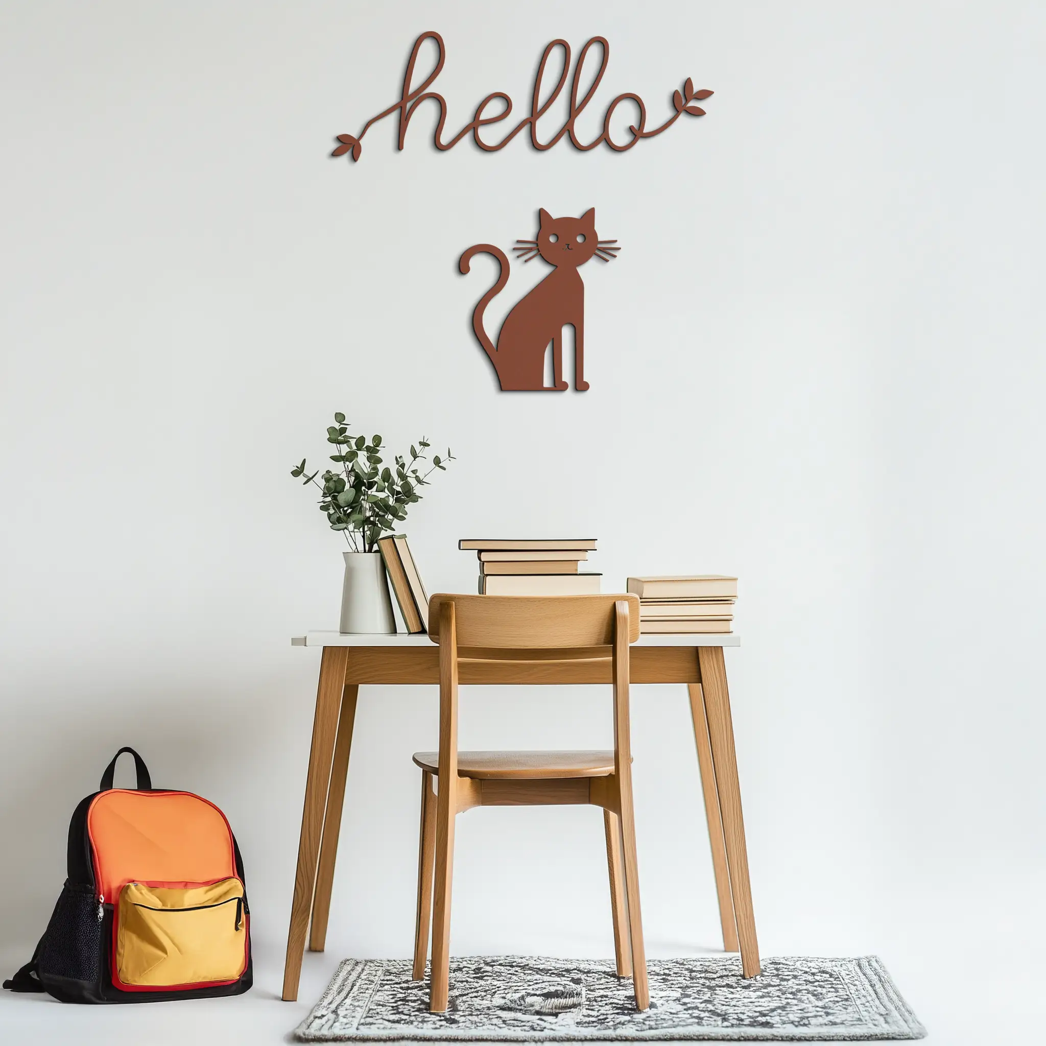 Hello Cat Metal Wall Art – Whimsical Welcome Sign with Cat Silhouette for Entryway or Living Room- KAF352