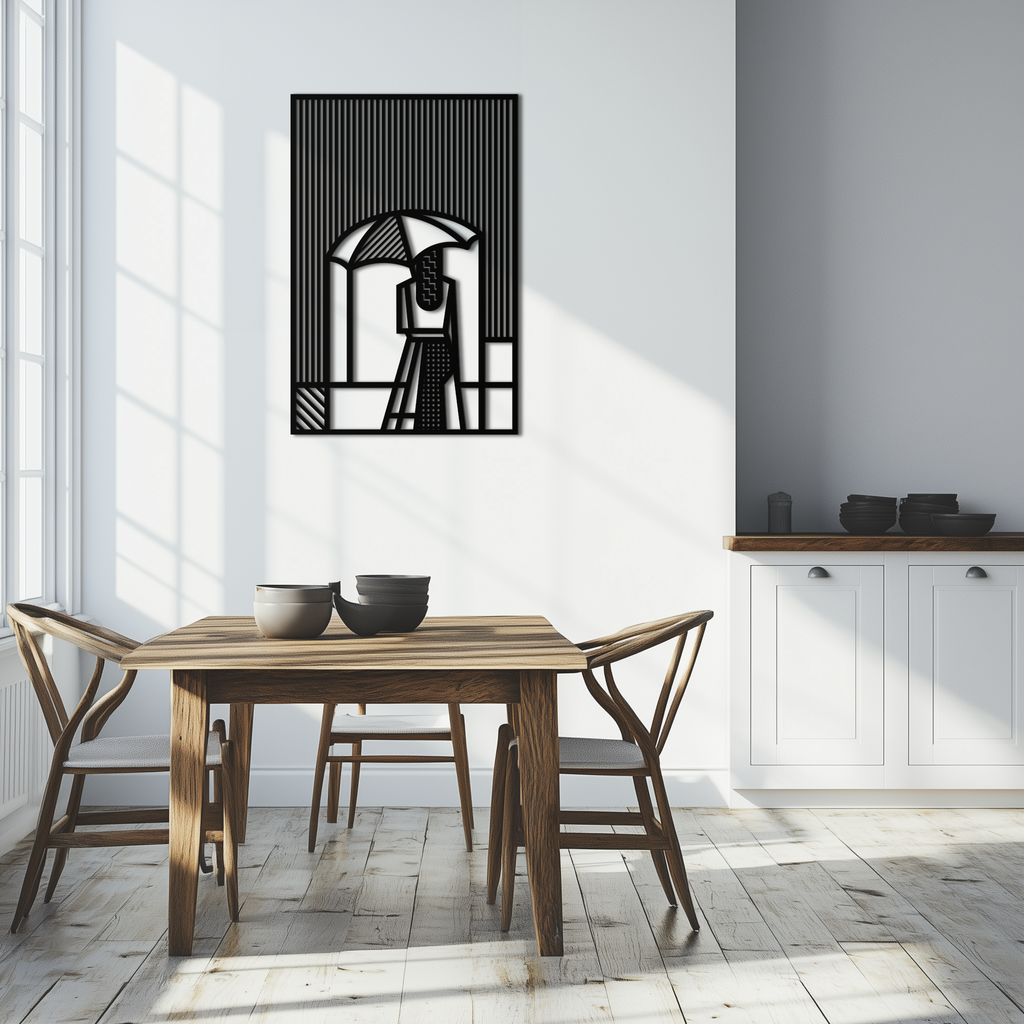 Woman with Umbrella Abstract Metal Wall Art – Modern Rainy Day Silhouette Steel Decor- KAF354