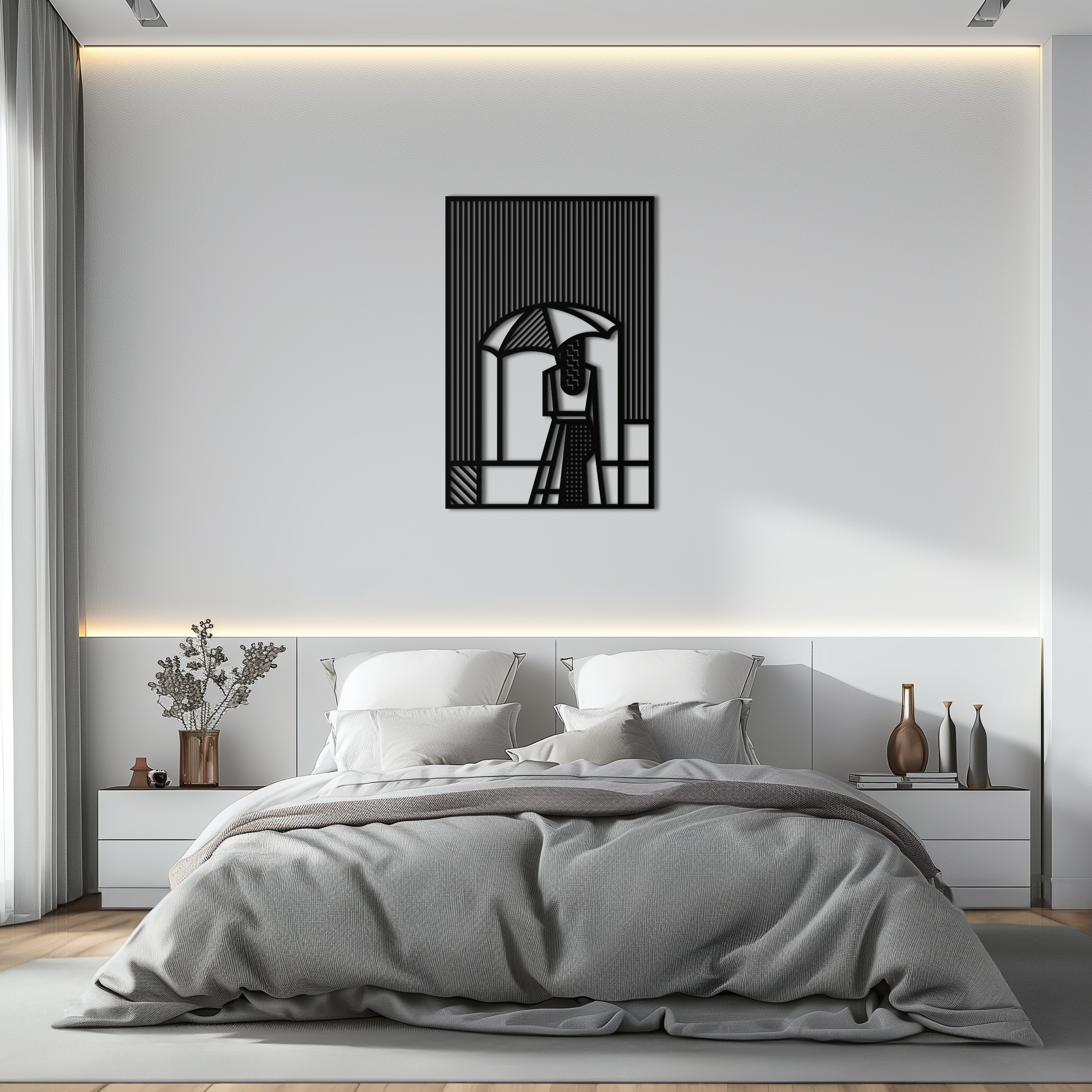 Woman with Umbrella Abstract Metal Wall Art – Modern Rainy Day Silhouette Steel Decor- KAF354