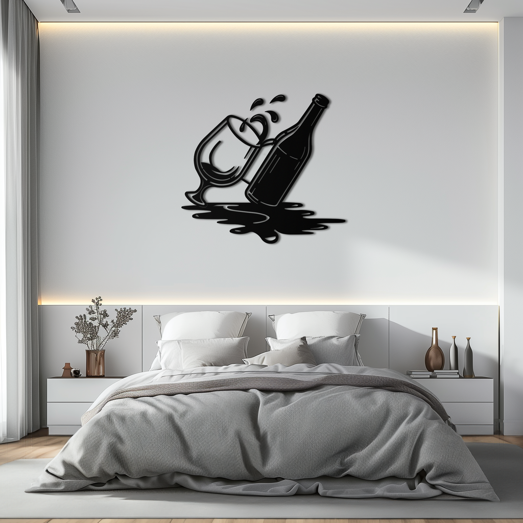 Wine Bottle and Glass Metal Wall Art – Modern Bar Decor with Splash Effect for Kitchen or Lounge Spaces- KAF356