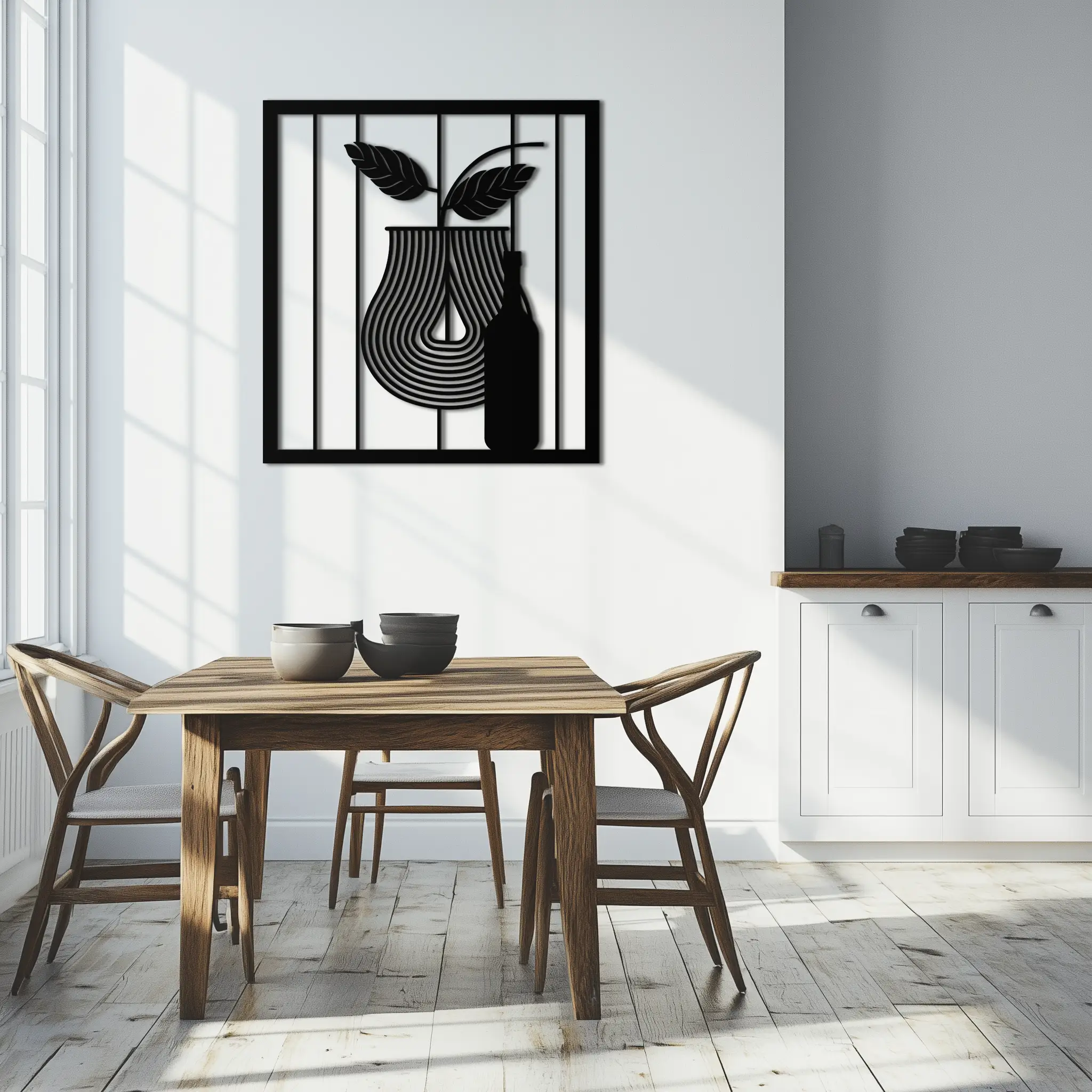 Bottle and Leaf Metal Wall Art – Modern Abstract Home Decor for Kitchen or Dining Room- KAF358
