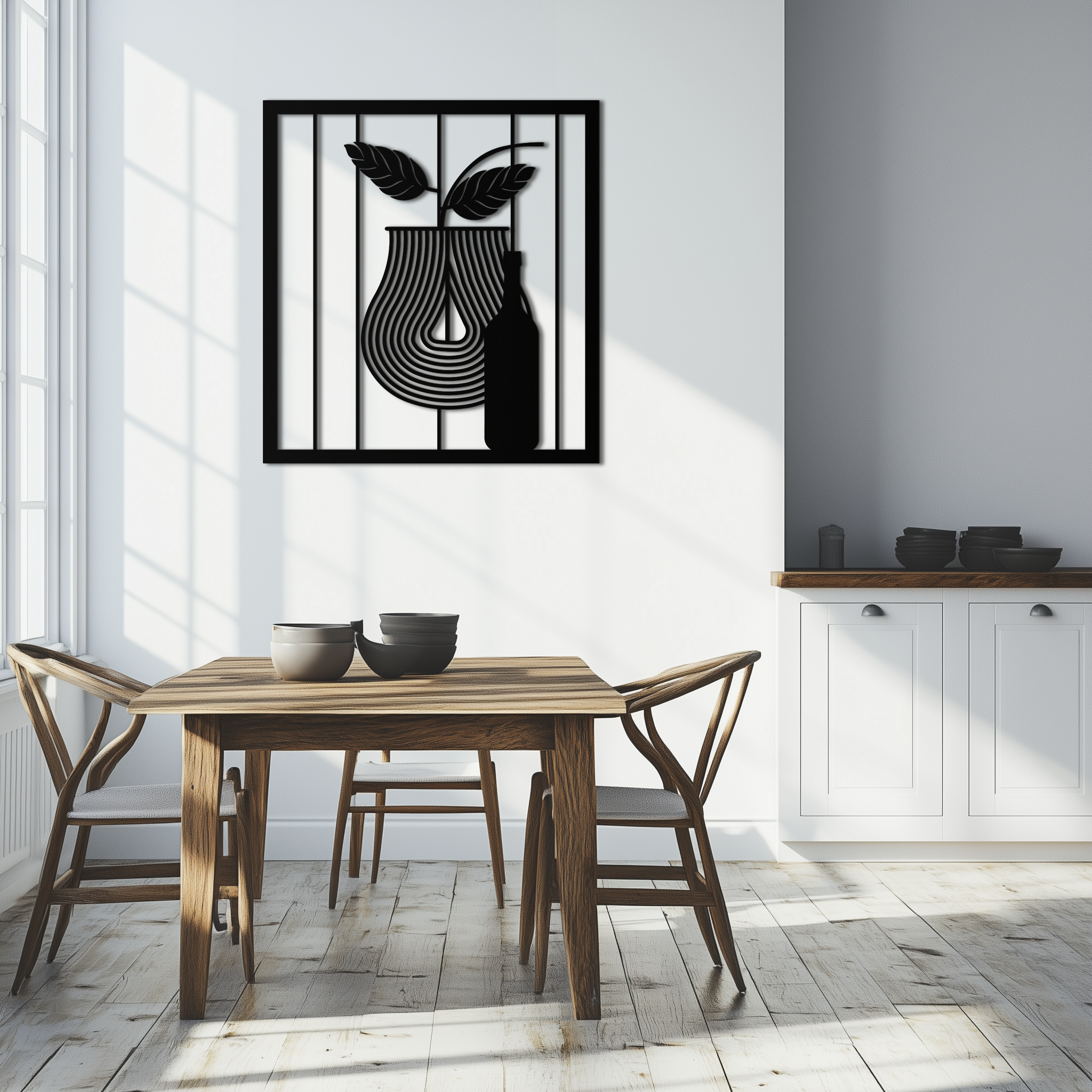 Bottle and Leaf Metal Wall Art – Modern Abstract Home Decor for Kitchen or Dining Room- KAF358