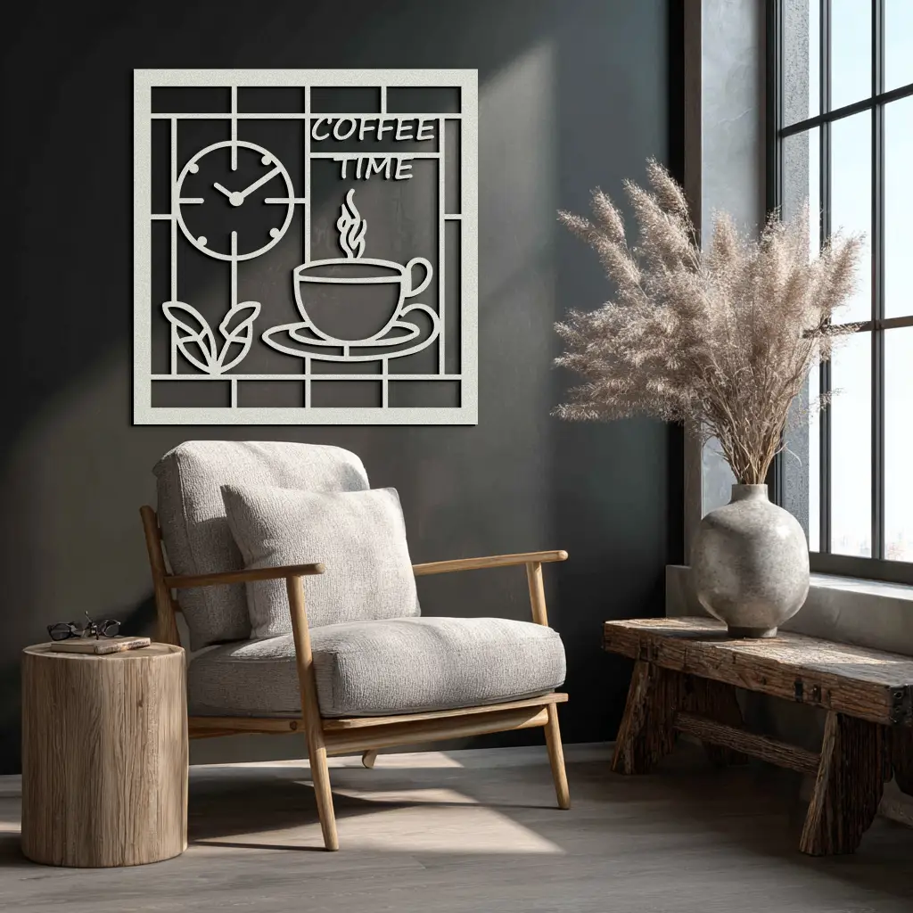 Coffee Time Metal Wall Art – Coffee Cup and Clock Design for Kitchen and Cafe Decor- KAF360