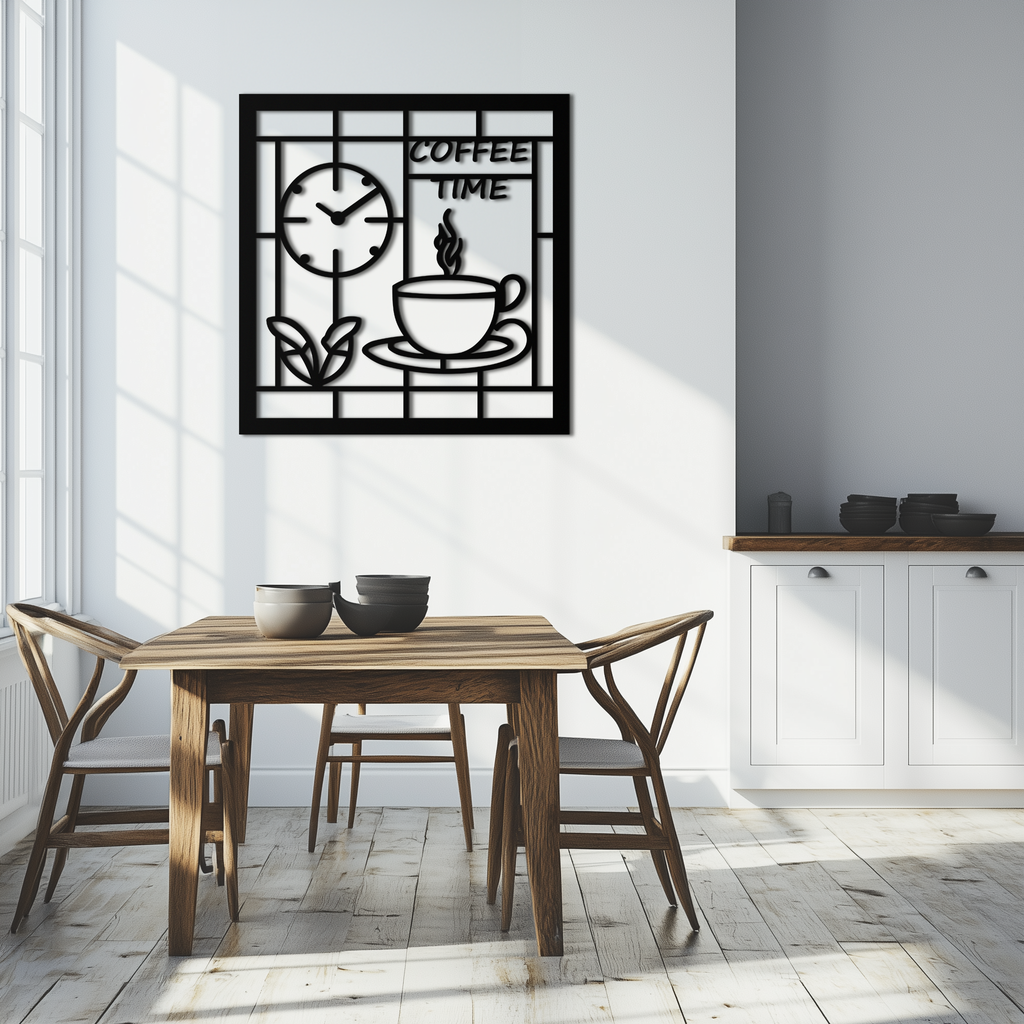 Coffee Time Metal Wall Art – Coffee Cup and Clock Design for Kitchen and Cafe Decor- KAF360