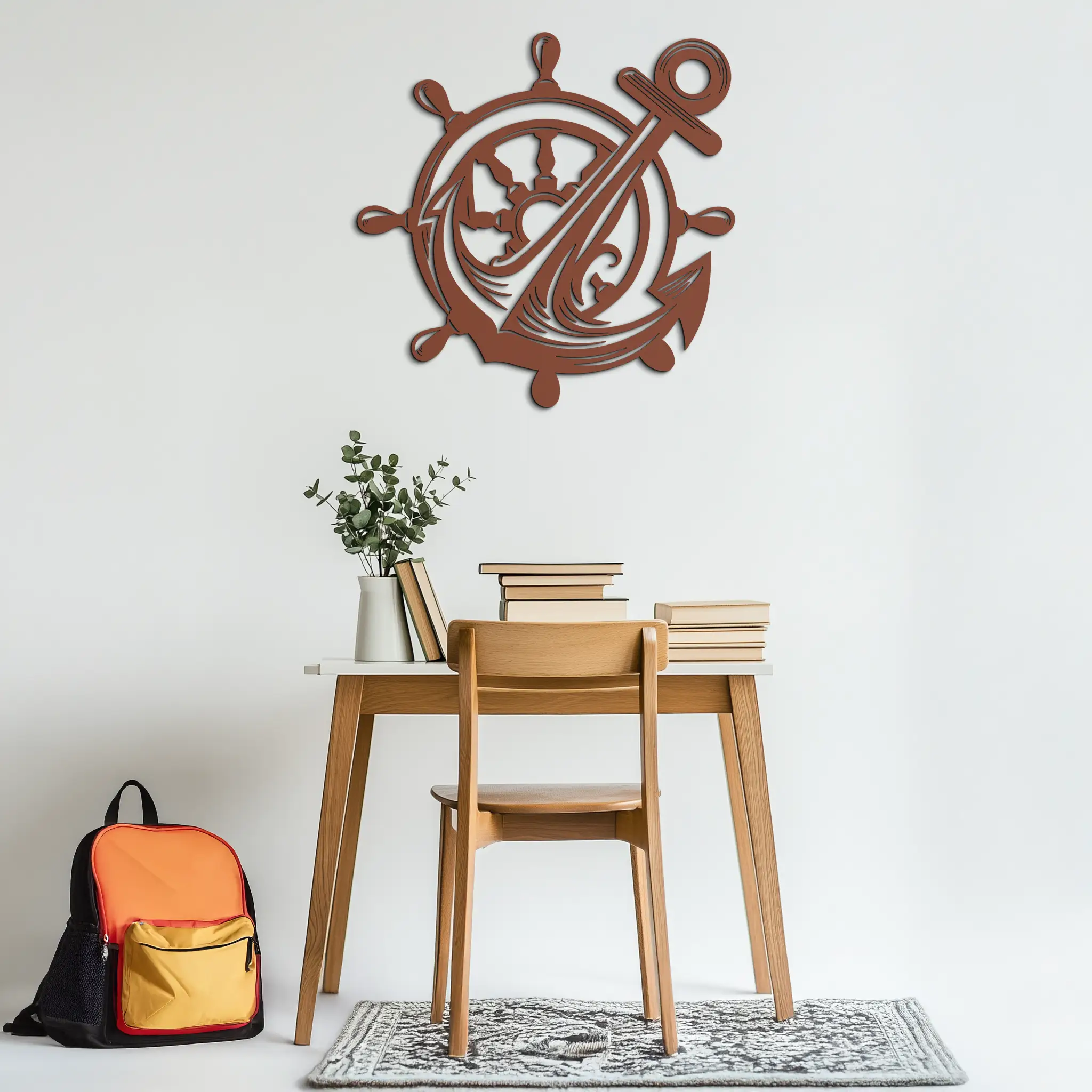 Anchor and Ship Wheel Metal Wall Art – Nautical Steel Decor for Sea Lovers- KAF368