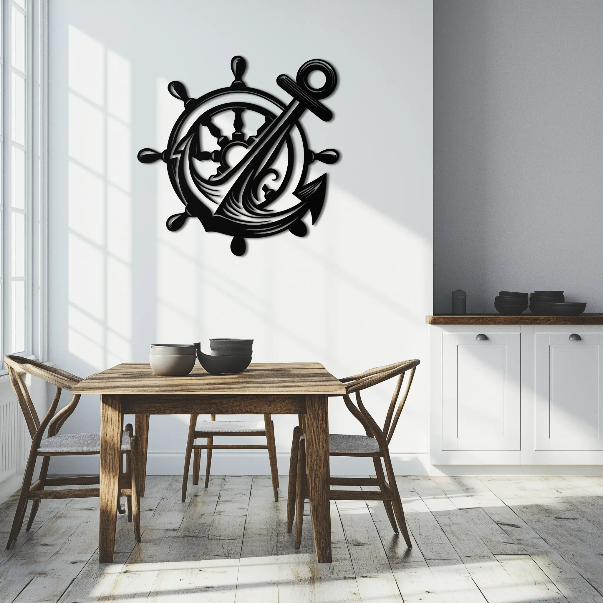 Anchor and Ship Wheel Metal Wall Art – Nautical Steel Decor for Sea Lovers- KAF368