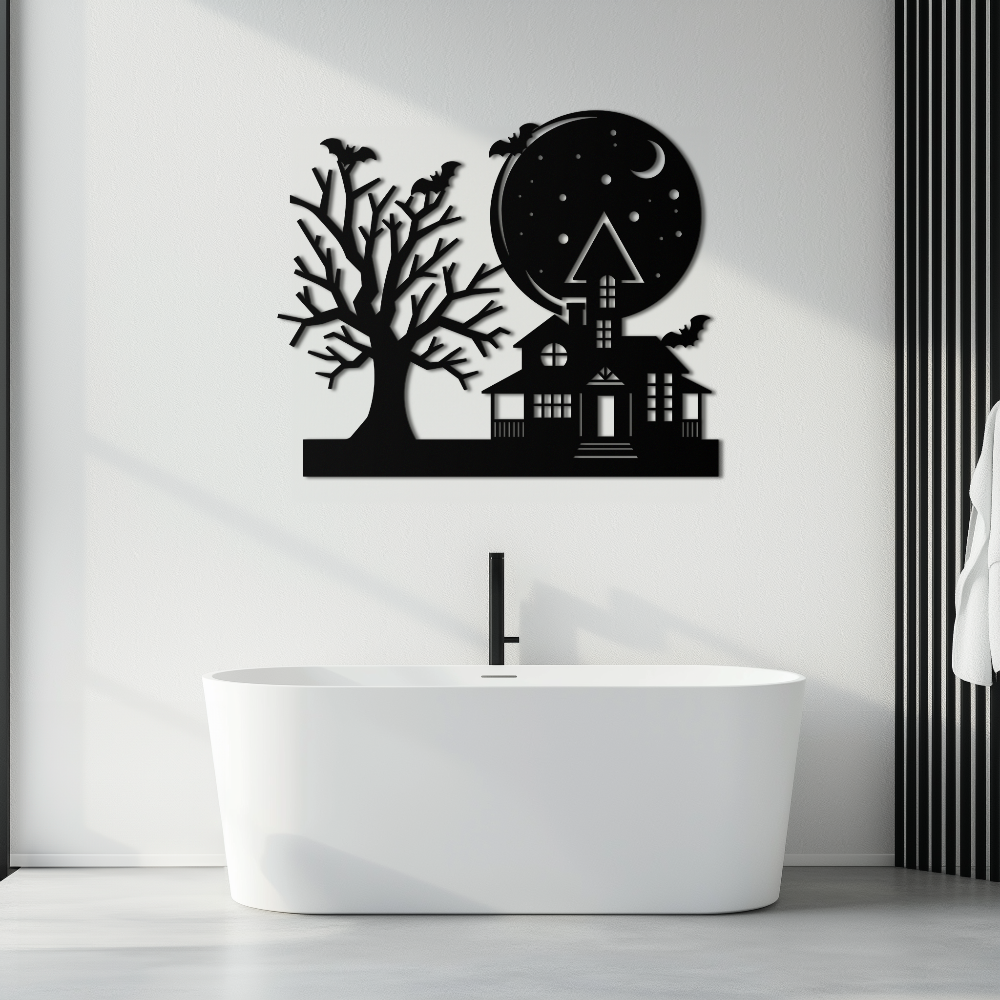 Haunted House and Bat Halloween Metal Wall Art – Spooky Full Moon Scene in Matte Black- KAF370